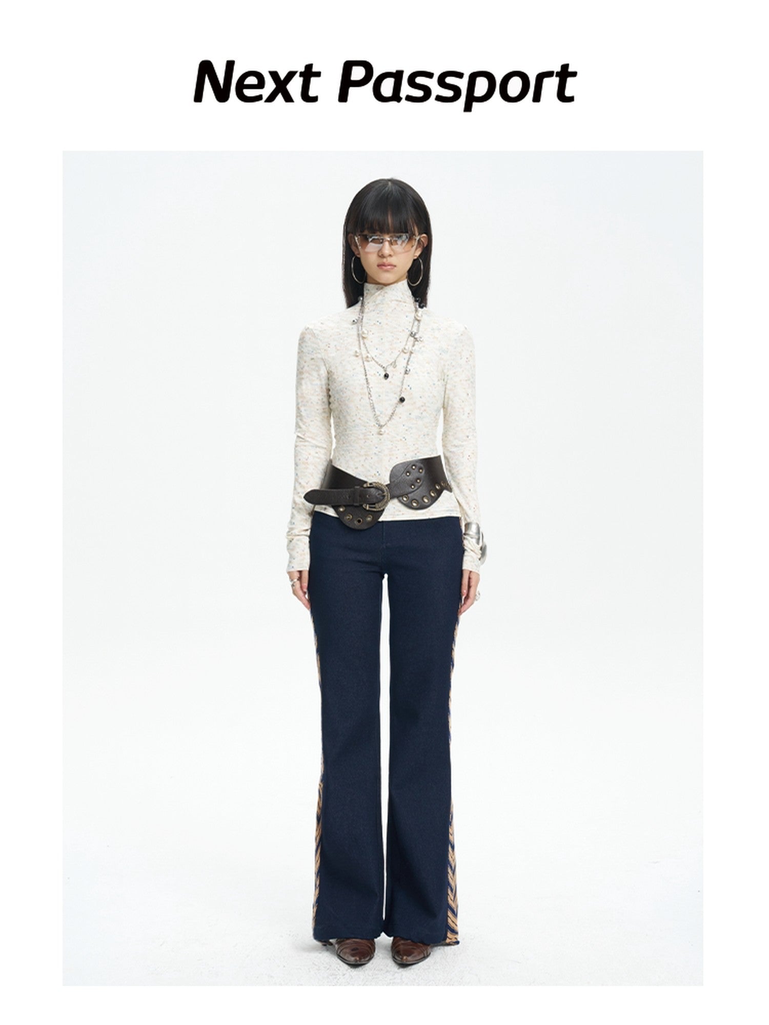 NextPassport MOF Denim Blue Patchwork Striped Tie Women's Relaxed Wide Leg Flare Pants