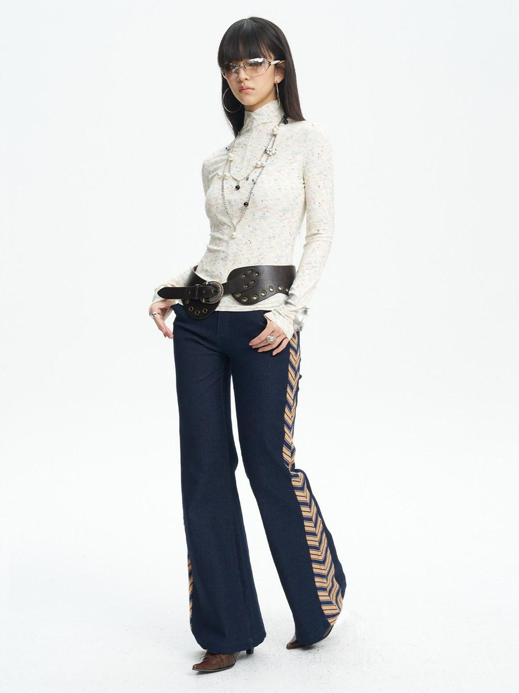 NextPassport MOF Denim Blue Patchwork Striped Tie Women's Relaxed Wide Leg Flare Pants