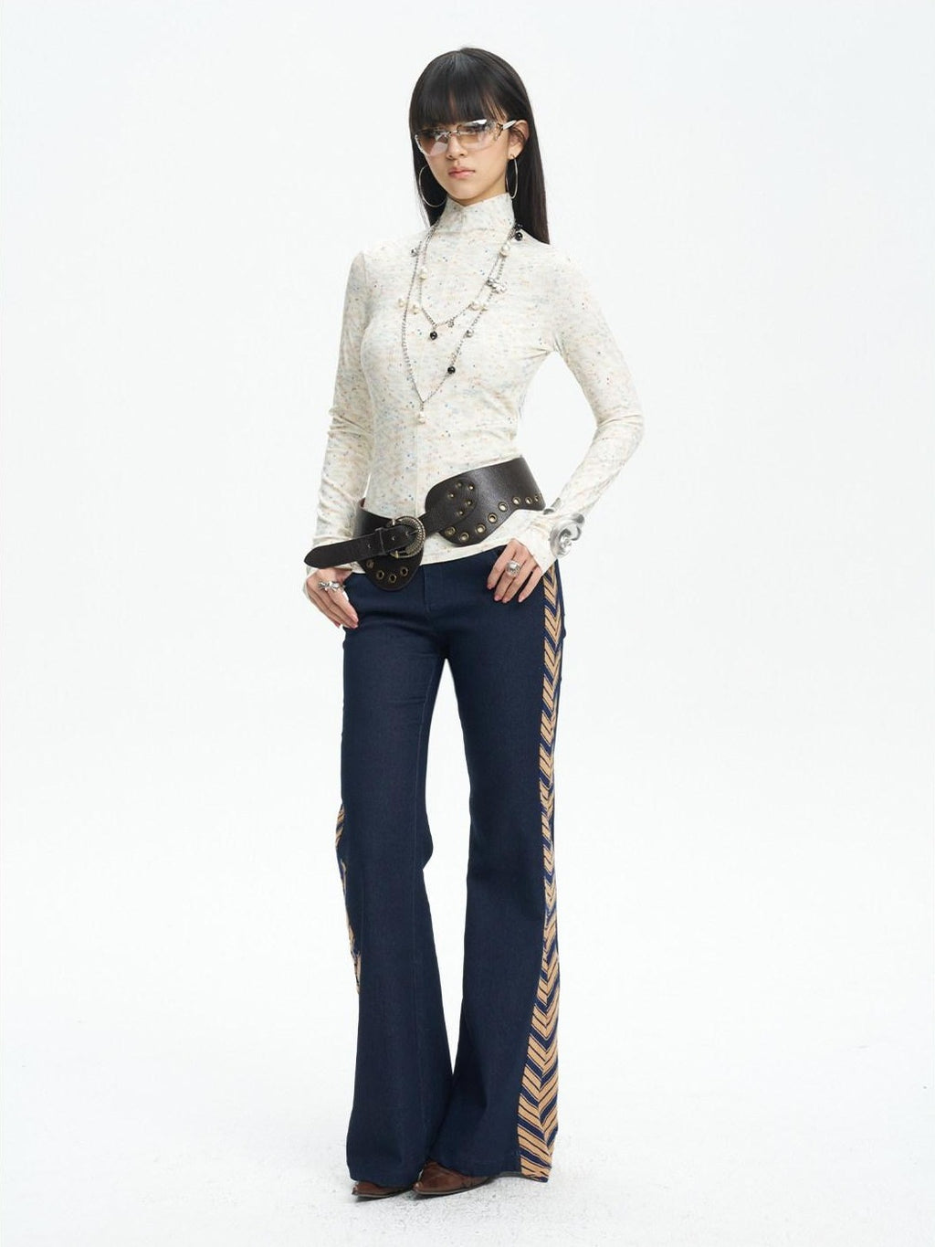 NextPassport MOF Denim Blue Patchwork Striped Tie Women's Relaxed Wide Leg Flare Pants