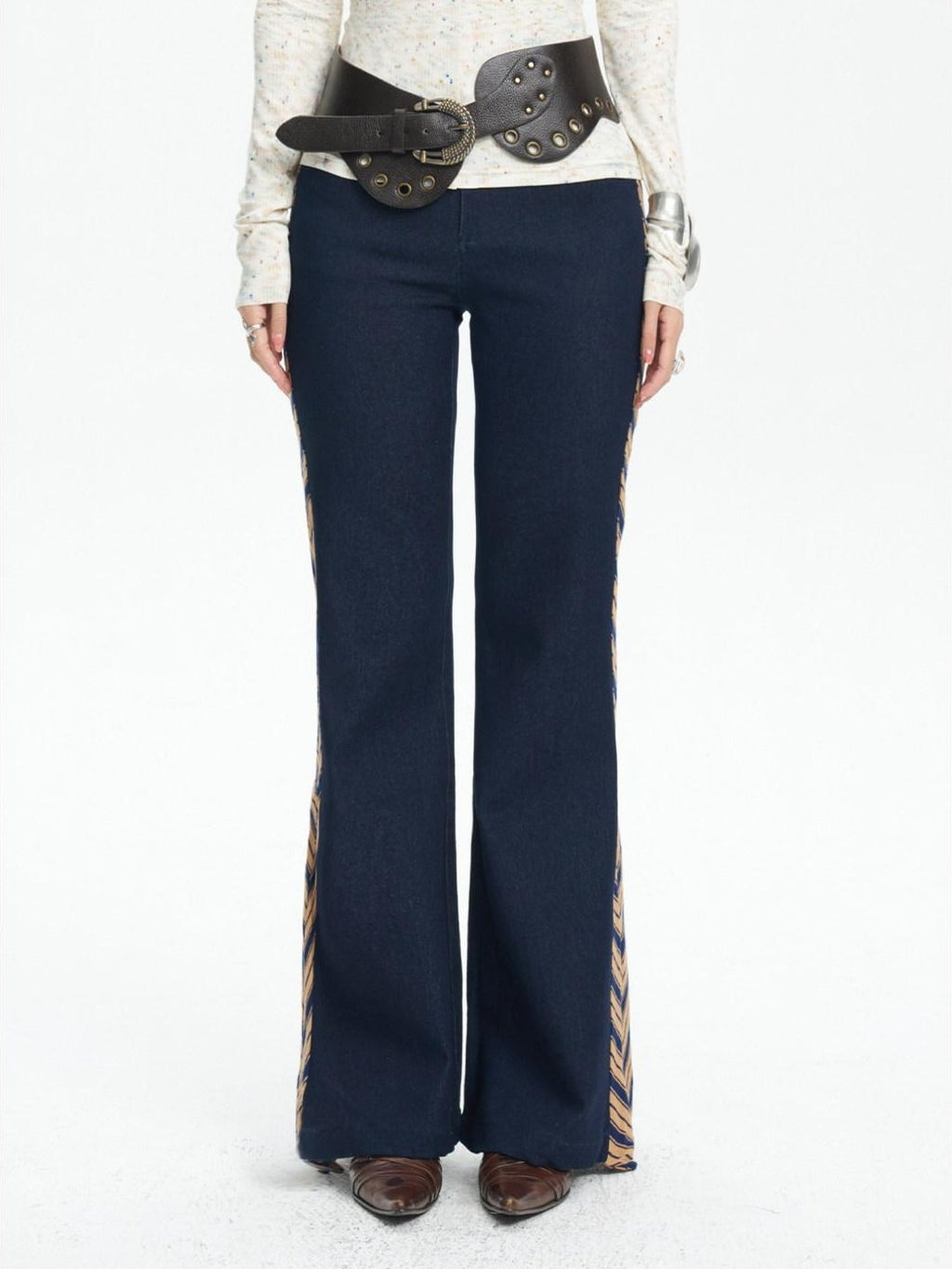 NextPassport MOF Denim Blue Patchwork Striped Tie Women's Relaxed Wide Leg Flare Pants
