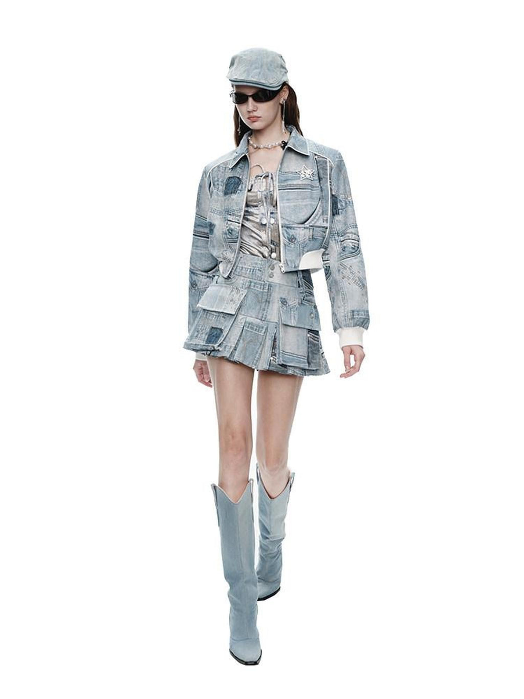 NextPassport MOF Denim Blue Printed Vintage Jacket Women's Denim Matching Skirt Sets