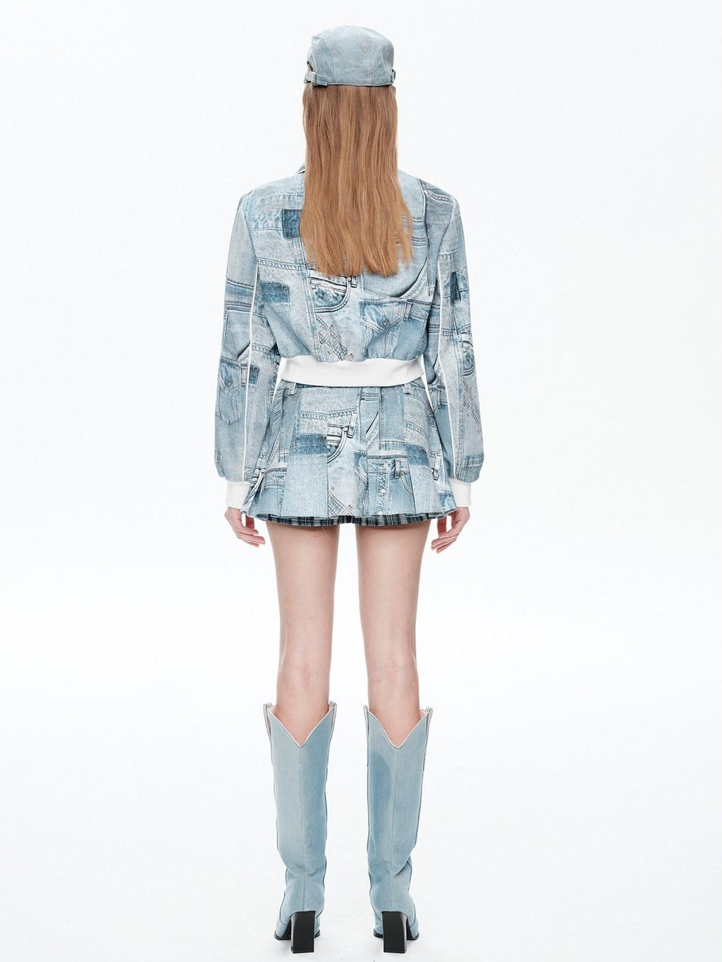 NextPassport MOF Denim Blue Printed Vintage Jacket Women's Denim Matching Skirt Sets