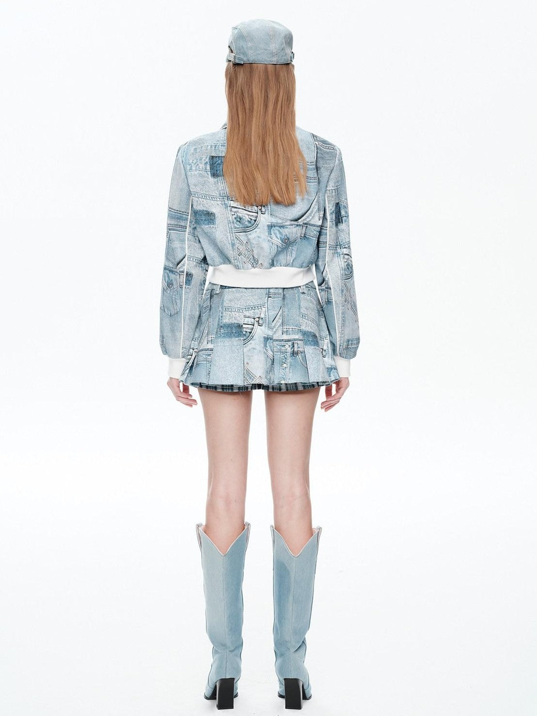 NextPassport MOF Denim Blue Printed Vintage Jacket Women's Denim Matching Skirt Sets