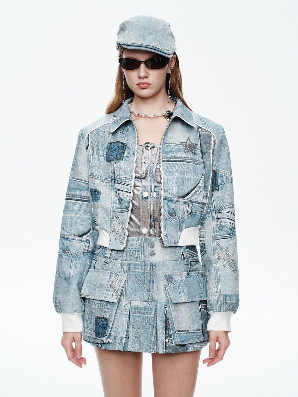 NextPassport MOF Denim Blue Printed Vintage Jacket Women's Denim Matching Skirt Sets