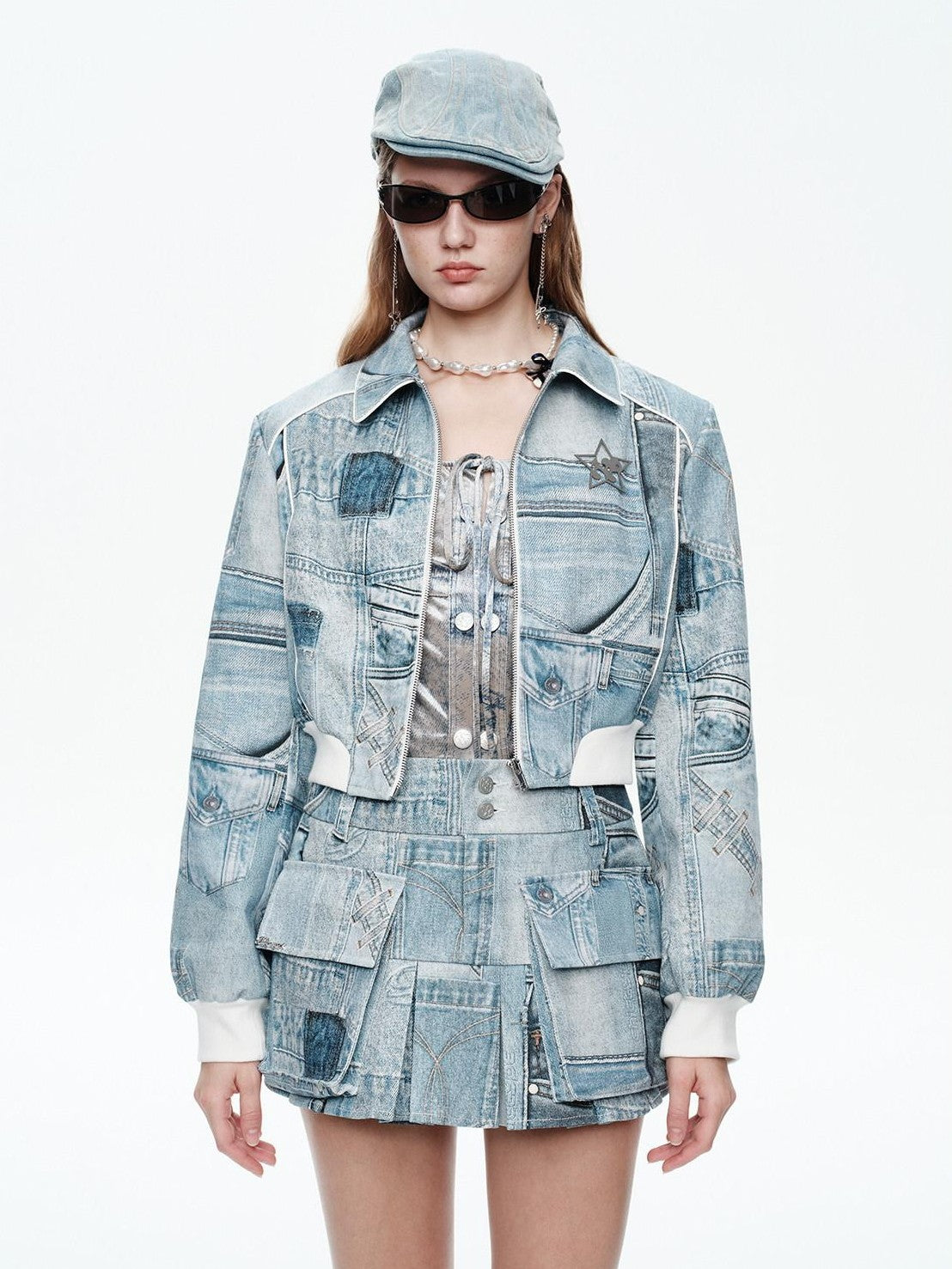 NextPassport MOF Denim Blue Printed Vintage Jacket Women's Denim Matching Skirt Sets