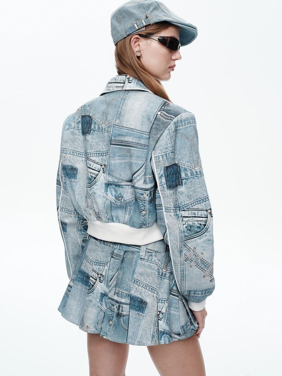 NextPassport MOF Denim Blue Printed Vintage Jacket Women's Denim Matching Skirt Sets