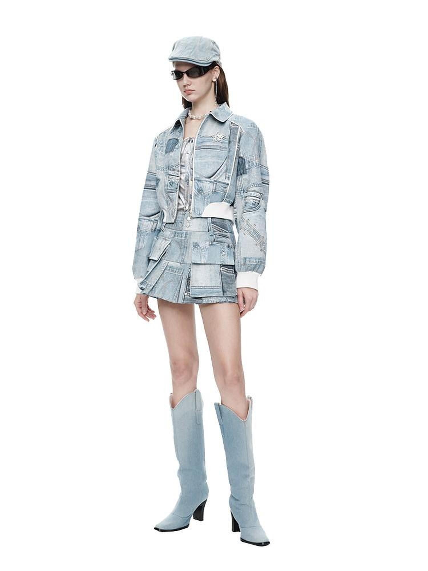 NextPassport MOF Denim Blue Printed Vintage Jacket Women's Denim Matching Skirt Sets