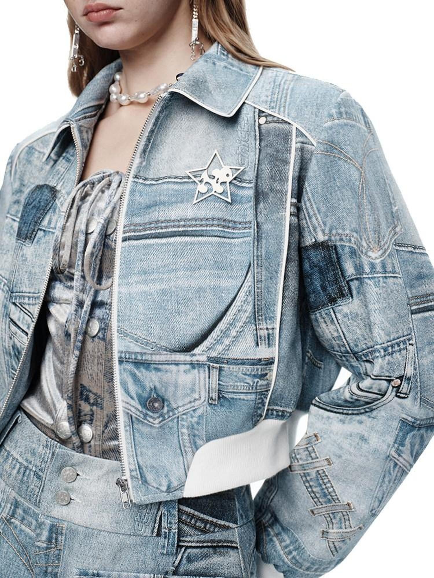 NextPassport MOF Denim Blue Printed Vintage Jacket Women's Denim Matching Skirt Sets