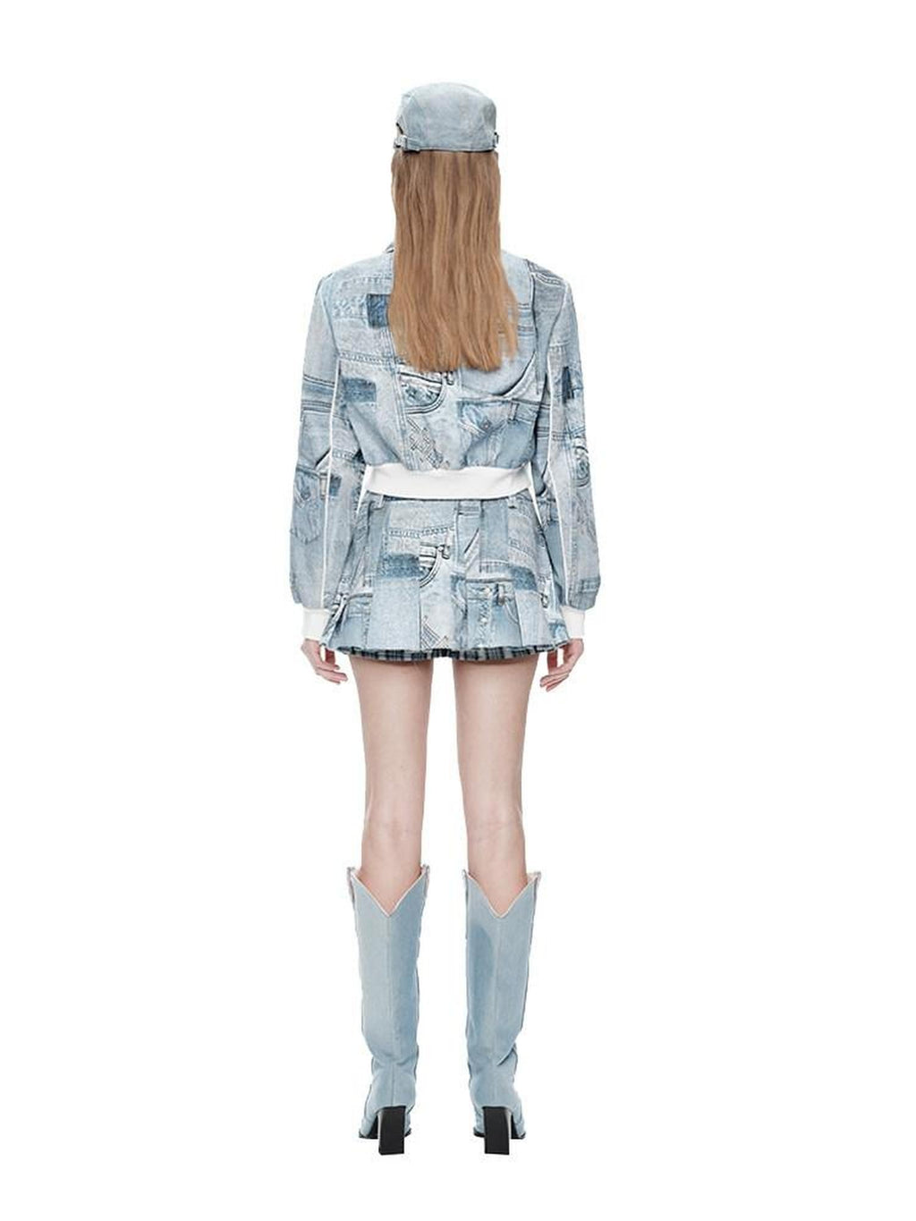 NextPassport MOF Denim Blue Printed Vintage Jacket Women's Denim Matching Skirt Sets