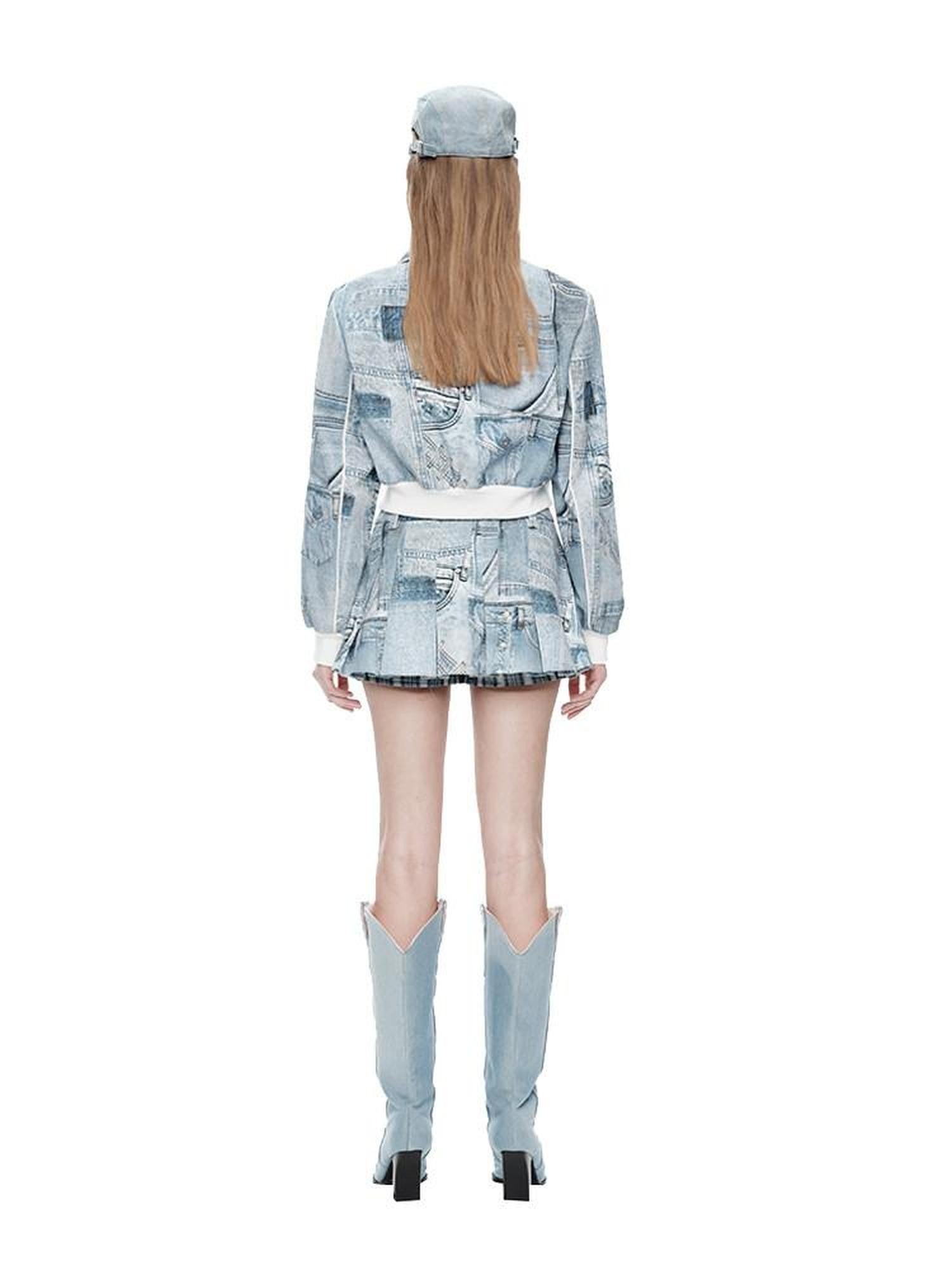 NextPassport MOF Denim Blue Printed Vintage Jacket Women's Denim Matching Skirt Sets