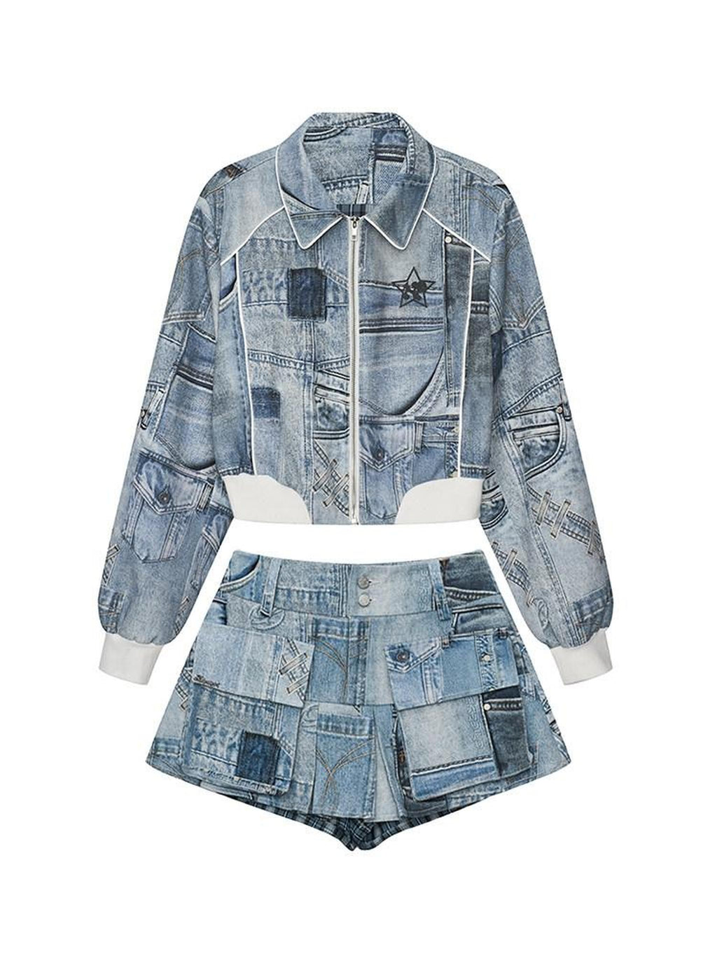 NextPassport MOF Denim Blue Printed Vintage Jacket Women's Denim Matching Skirt Sets
