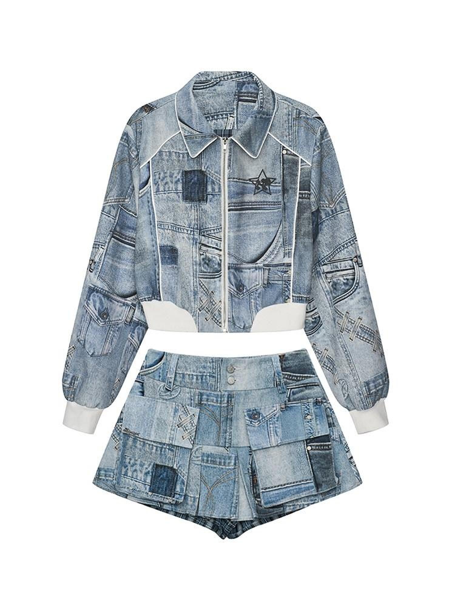 NextPassport MOF Denim Blue Printed Vintage Jacket Women's Denim Matching Skirt Sets