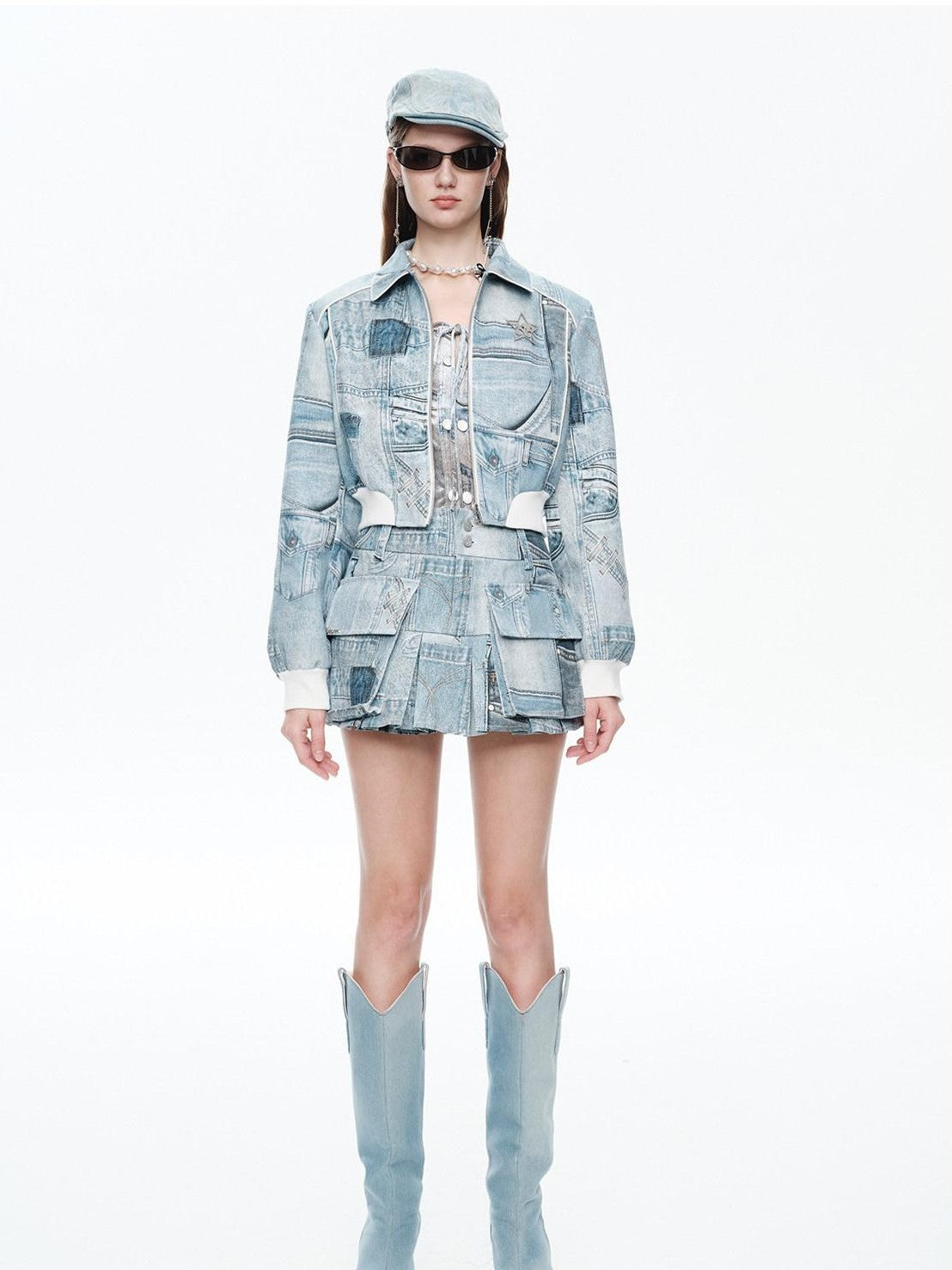 NextPassport MOF Denim Blue Printed Vintage Jacket Women's Denim Matching Skirt Sets