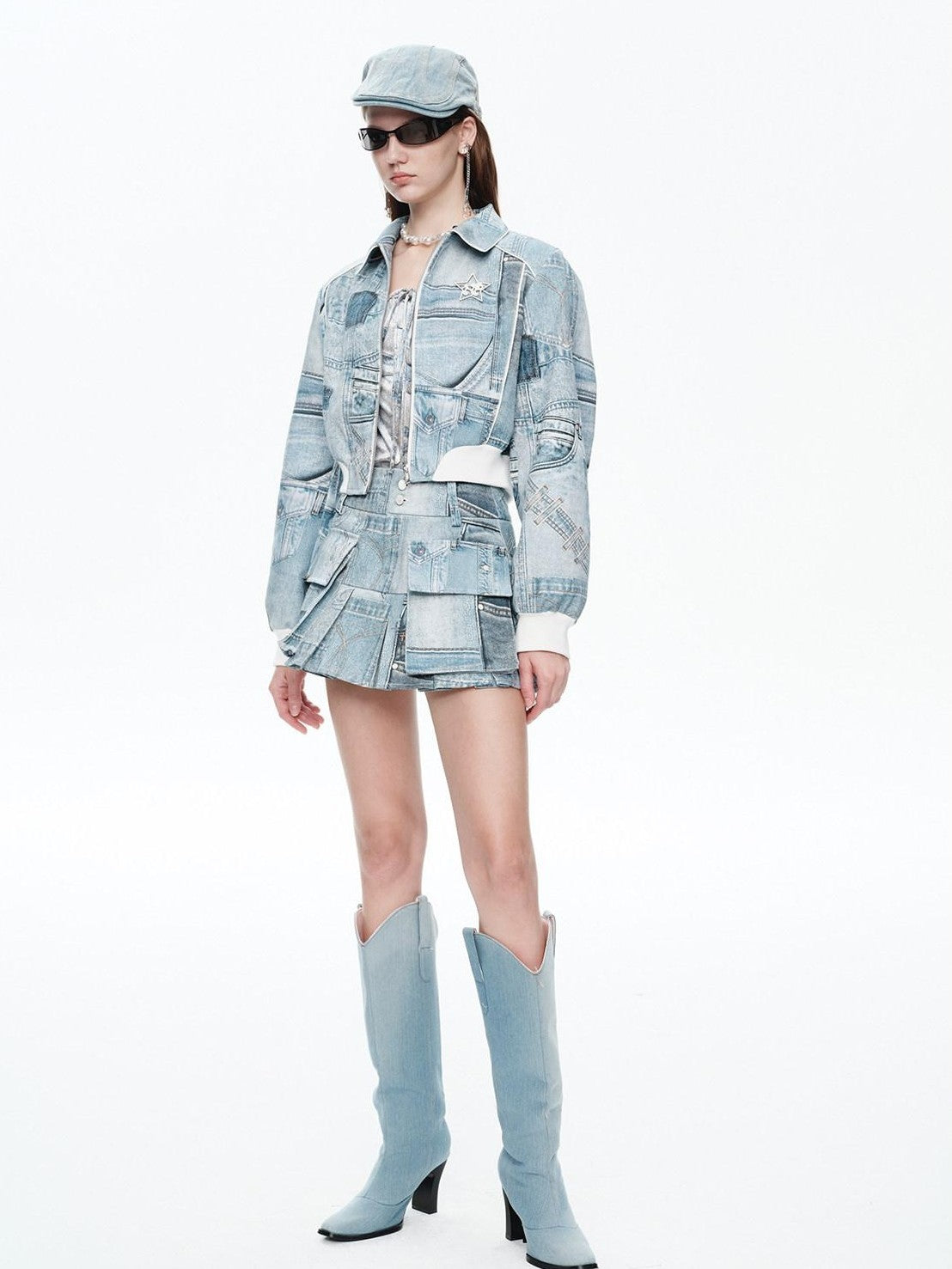NextPassport MOF Denim Blue Printed Vintage Jacket Women's Denim Matching Skirt Sets