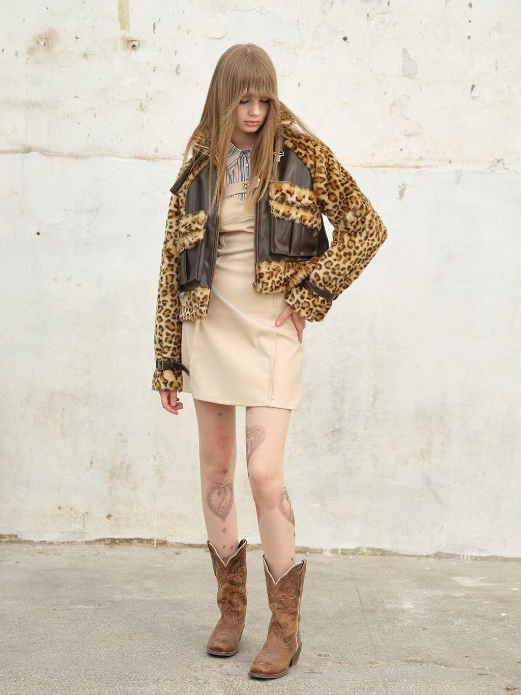 NextPassport MOF Denim Leopard Patchwork Fur Collar High Waist Women's Moto Jackets