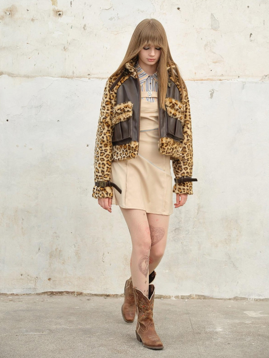 NextPassport MOF Denim Leopard Patchwork Fur Collar High Waist Women's Moto Jackets