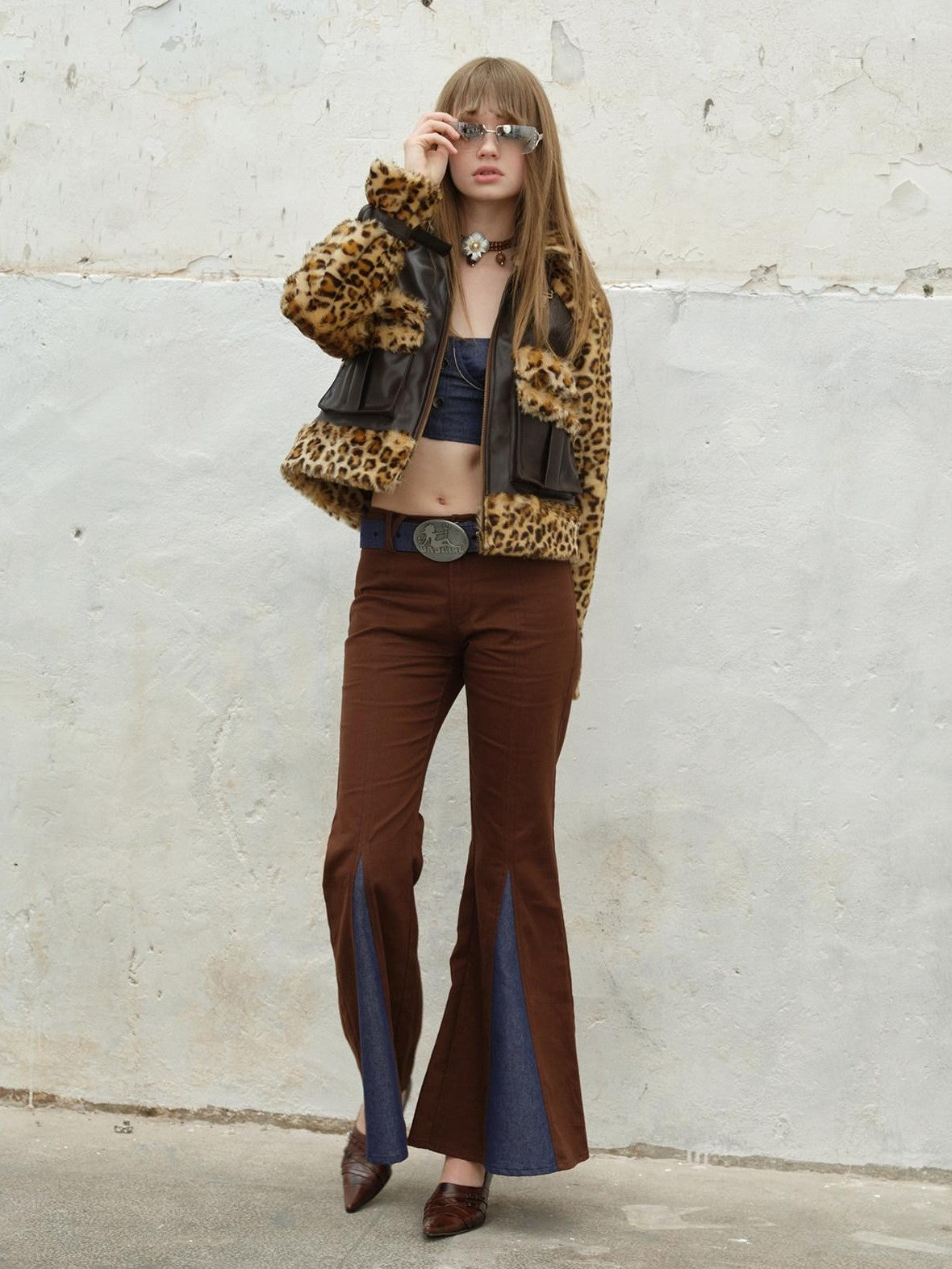 NextPassport MOF Denim Leopard Patchwork Fur Collar High Waist Women's Moto Jackets