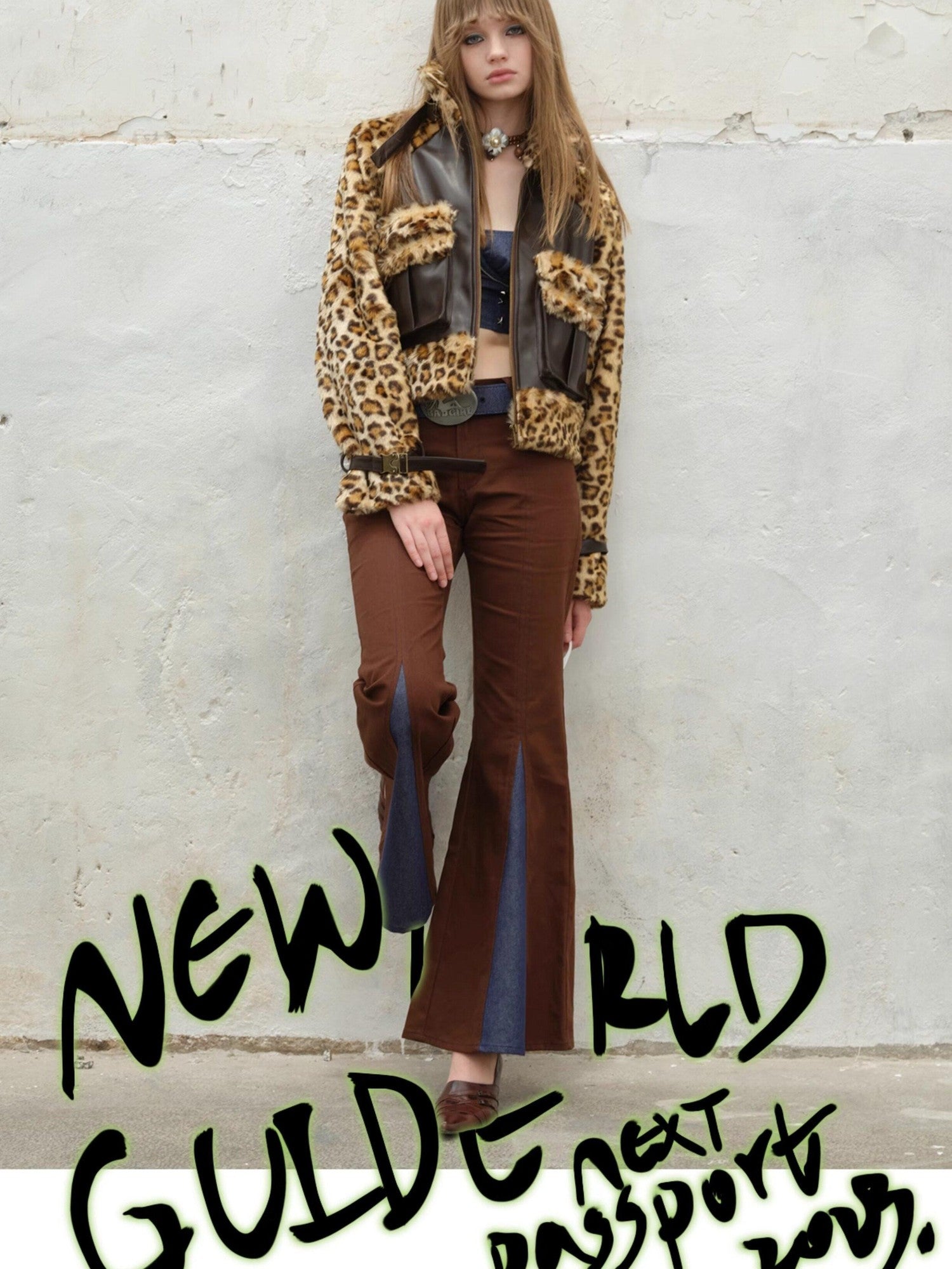 NextPassport MOF Denim Leopard Patchwork Fur Collar High Waist Women's Moto Jackets