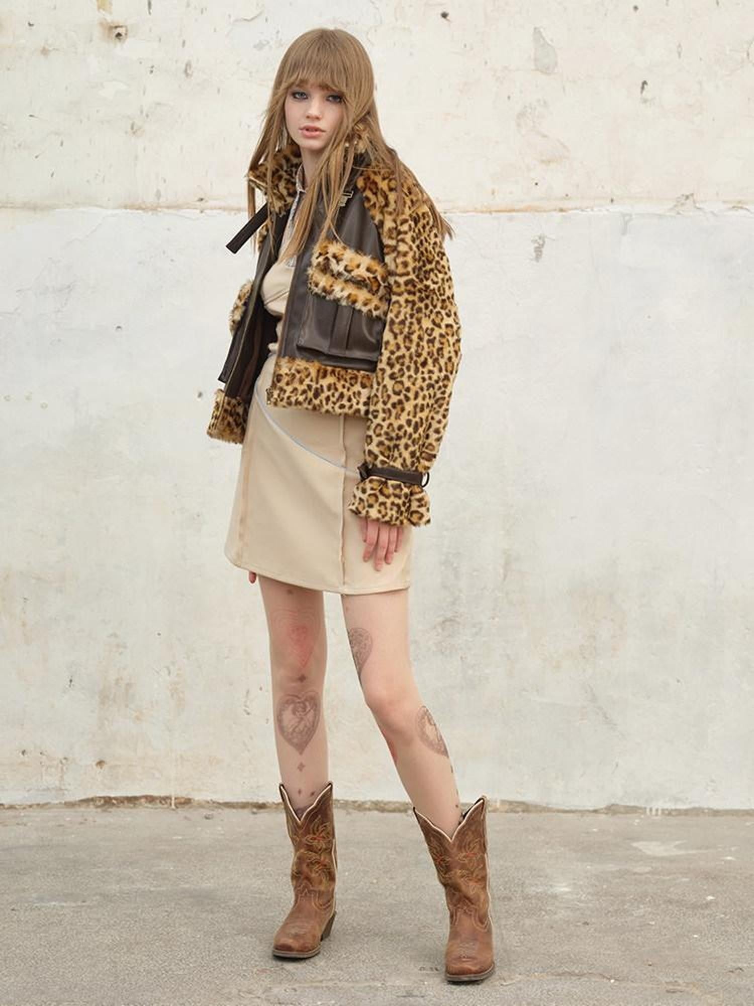 NextPassport MOF Denim Leopard Patchwork Fur Collar High Waist Women's Moto Jackets