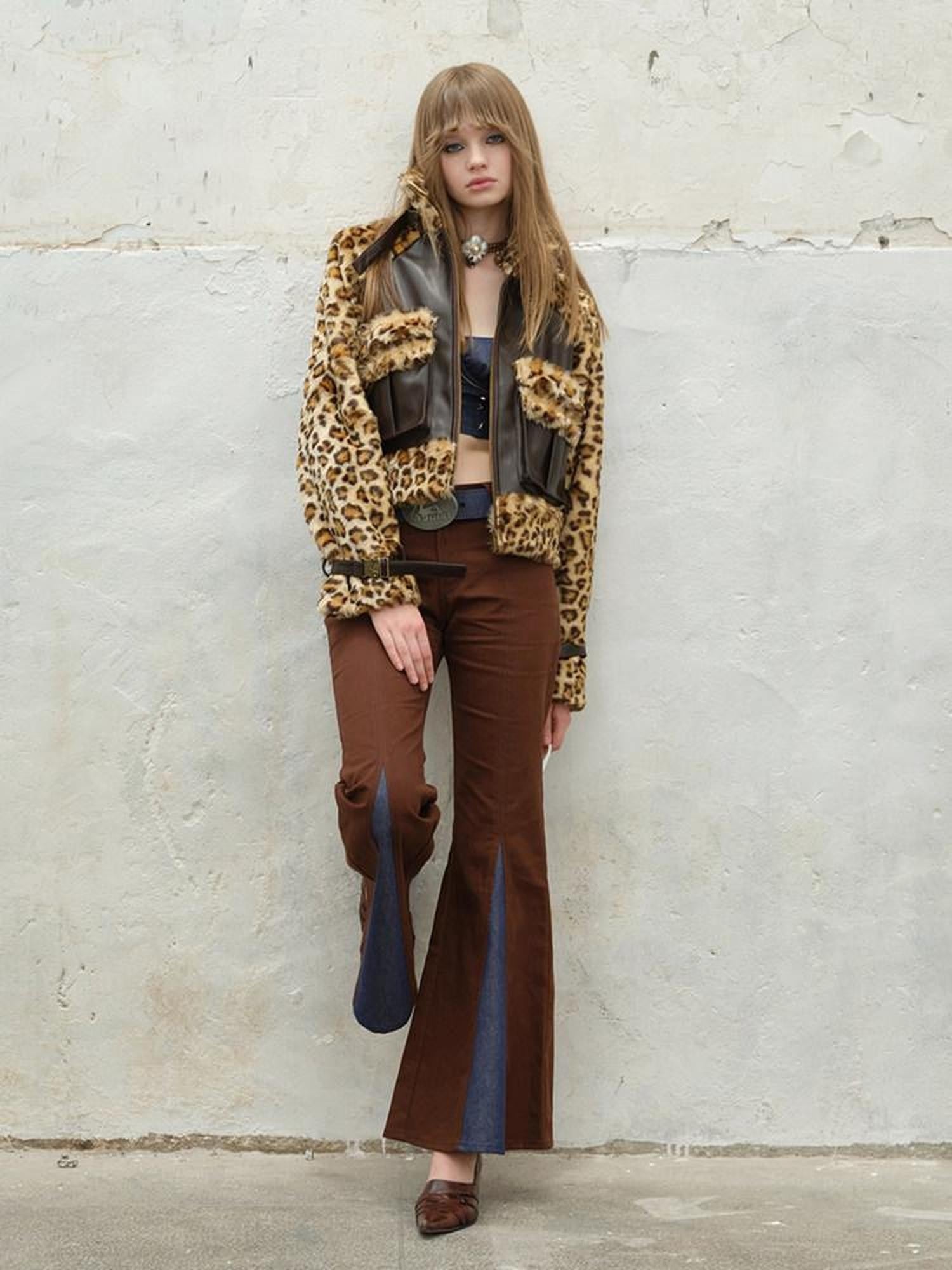NextPassport MOF Denim Leopard Patchwork Fur Collar High Waist Women's Moto Jackets