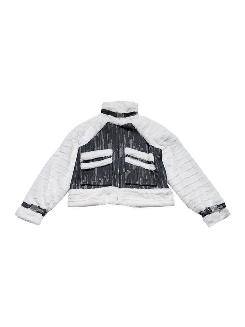 NextPassport MOF Denim Leopard Patchwork Fur Collar High Waist Women's Moto Jackets