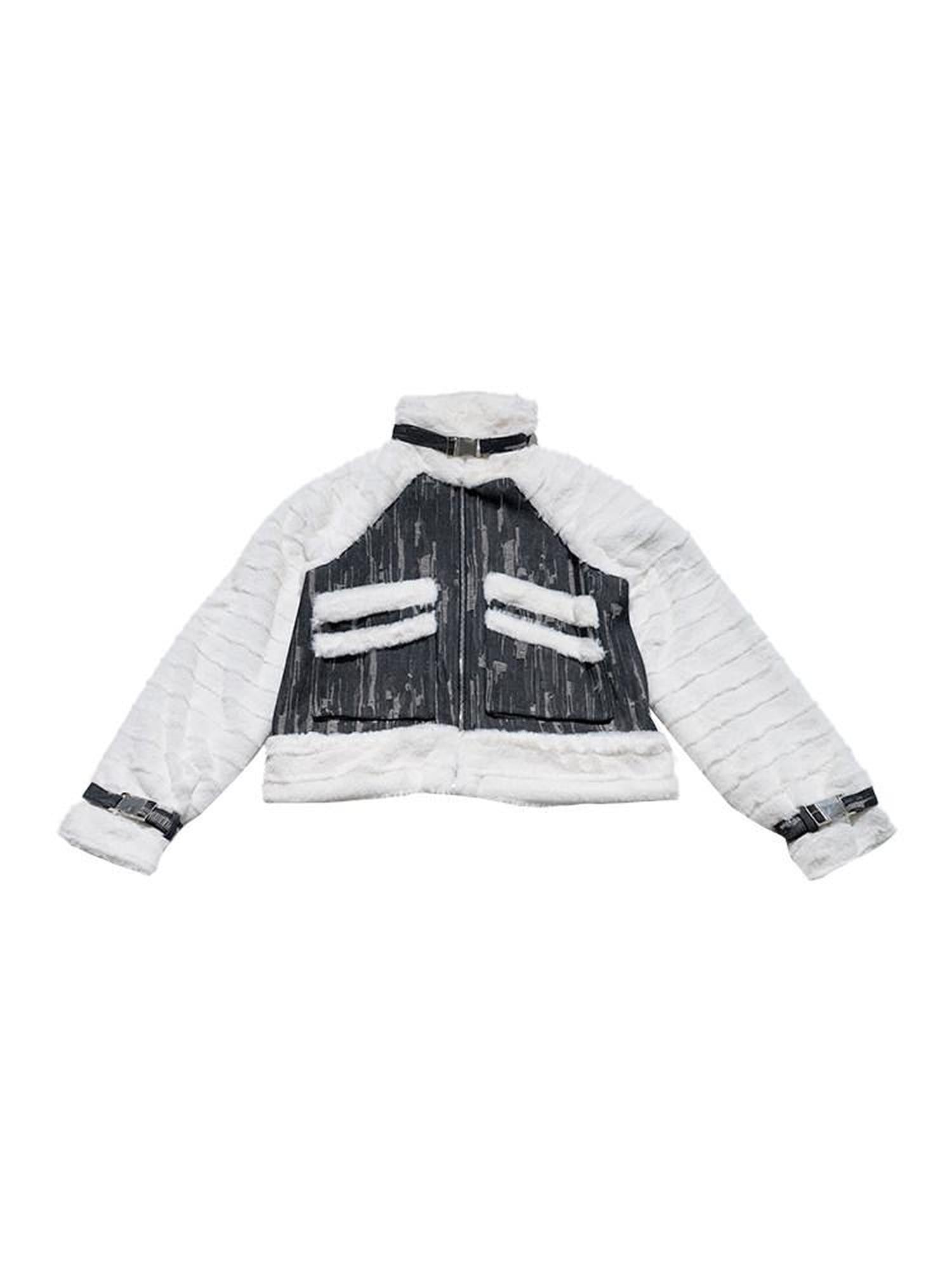 NextPassport MOF Denim Leopard Patchwork Fur Collar High Waist Women's Moto Jackets