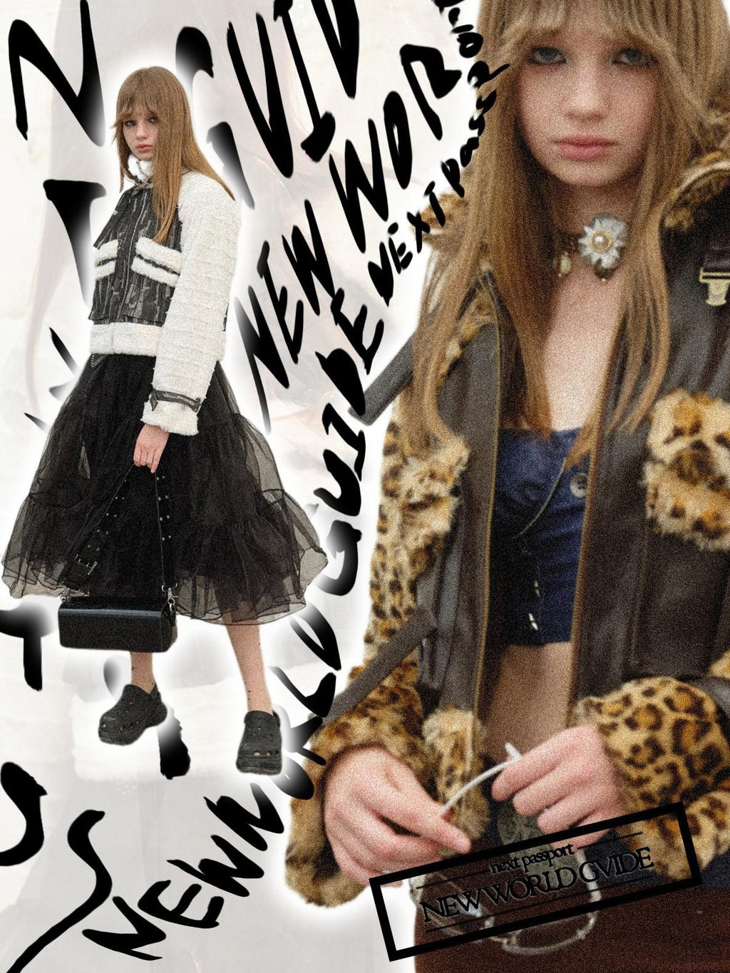 NextPassport MOF Denim Leopard Patchwork Fur Collar High Waist Women's Moto Jackets