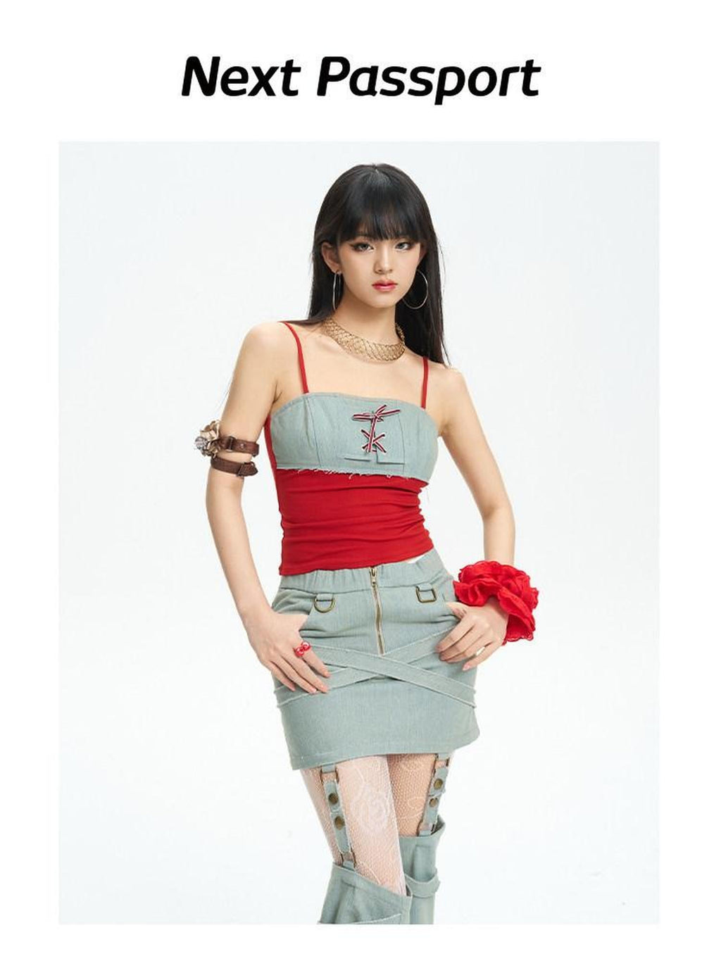 NextPassport MOF Denim Patchwork Lace Up Cropped Slim Women's Cotton Blend Camisoles