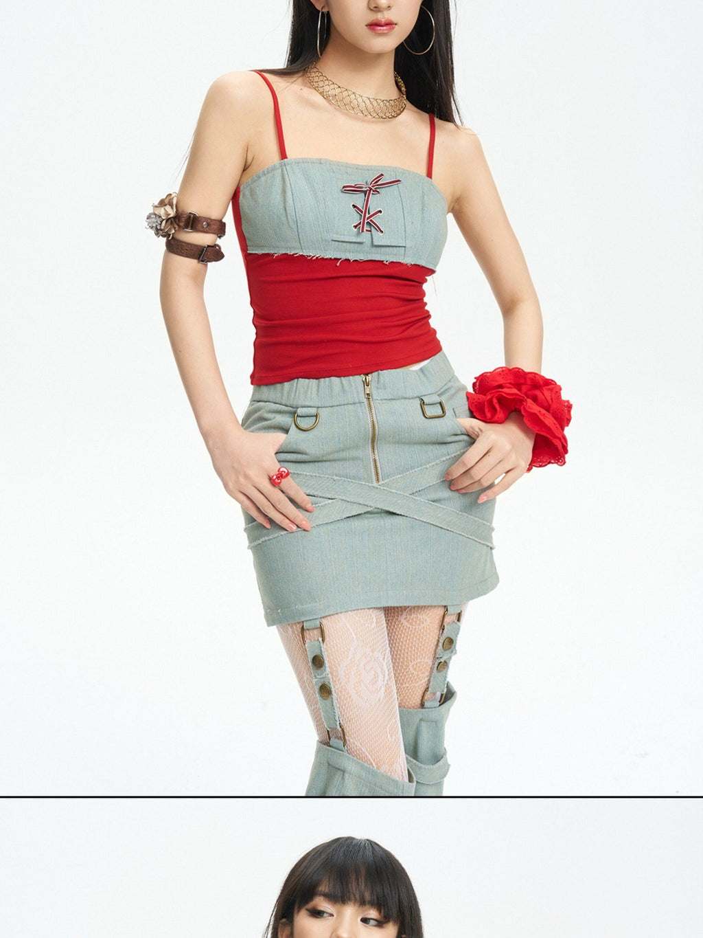 NextPassport MOF Denim Patchwork Lace Up Cropped Slim Women's Cotton Blend Camisoles