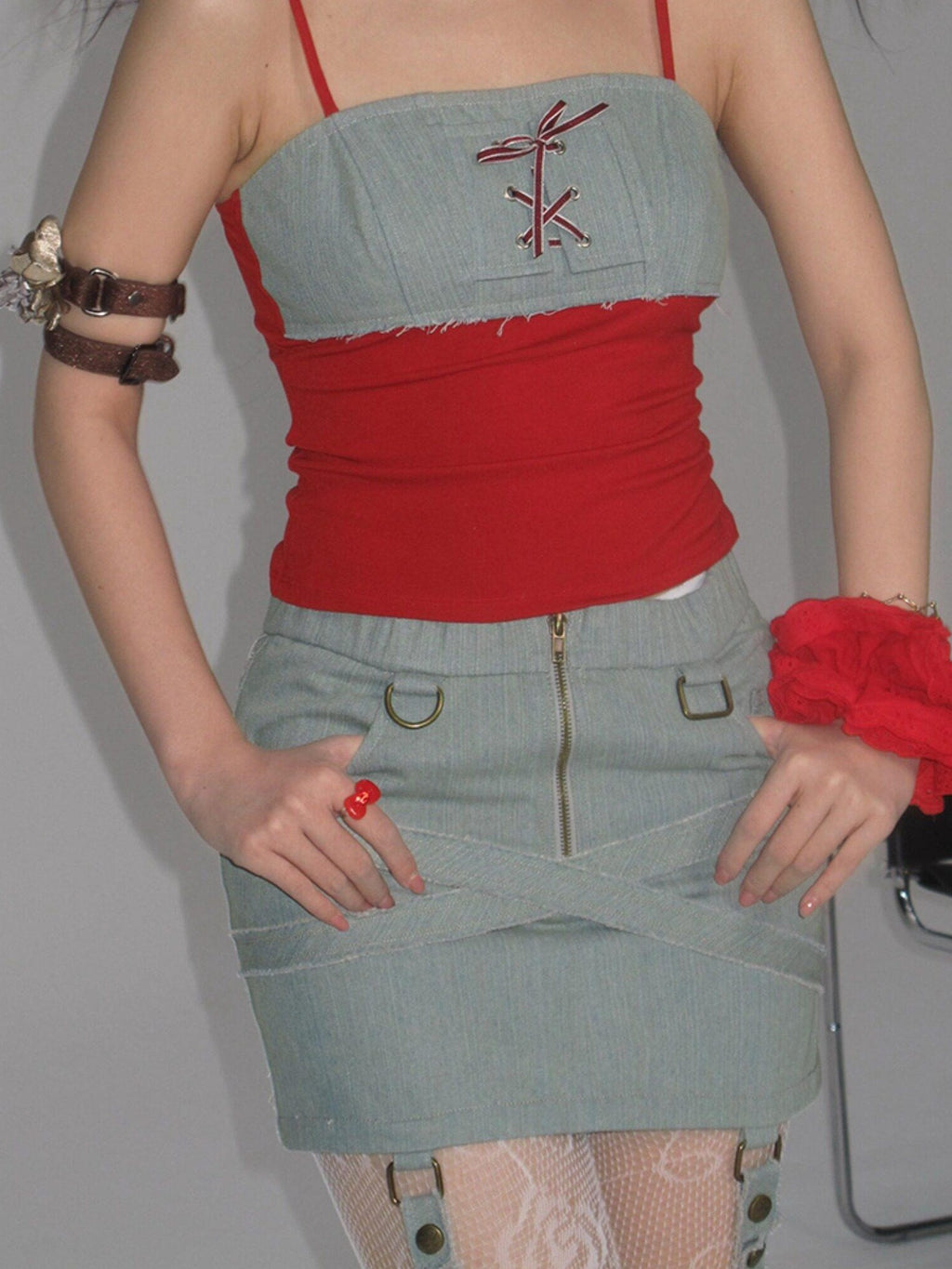 NextPassport MOF Denim Patchwork Lace Up Cropped Slim Women's Cotton Blend Camisoles