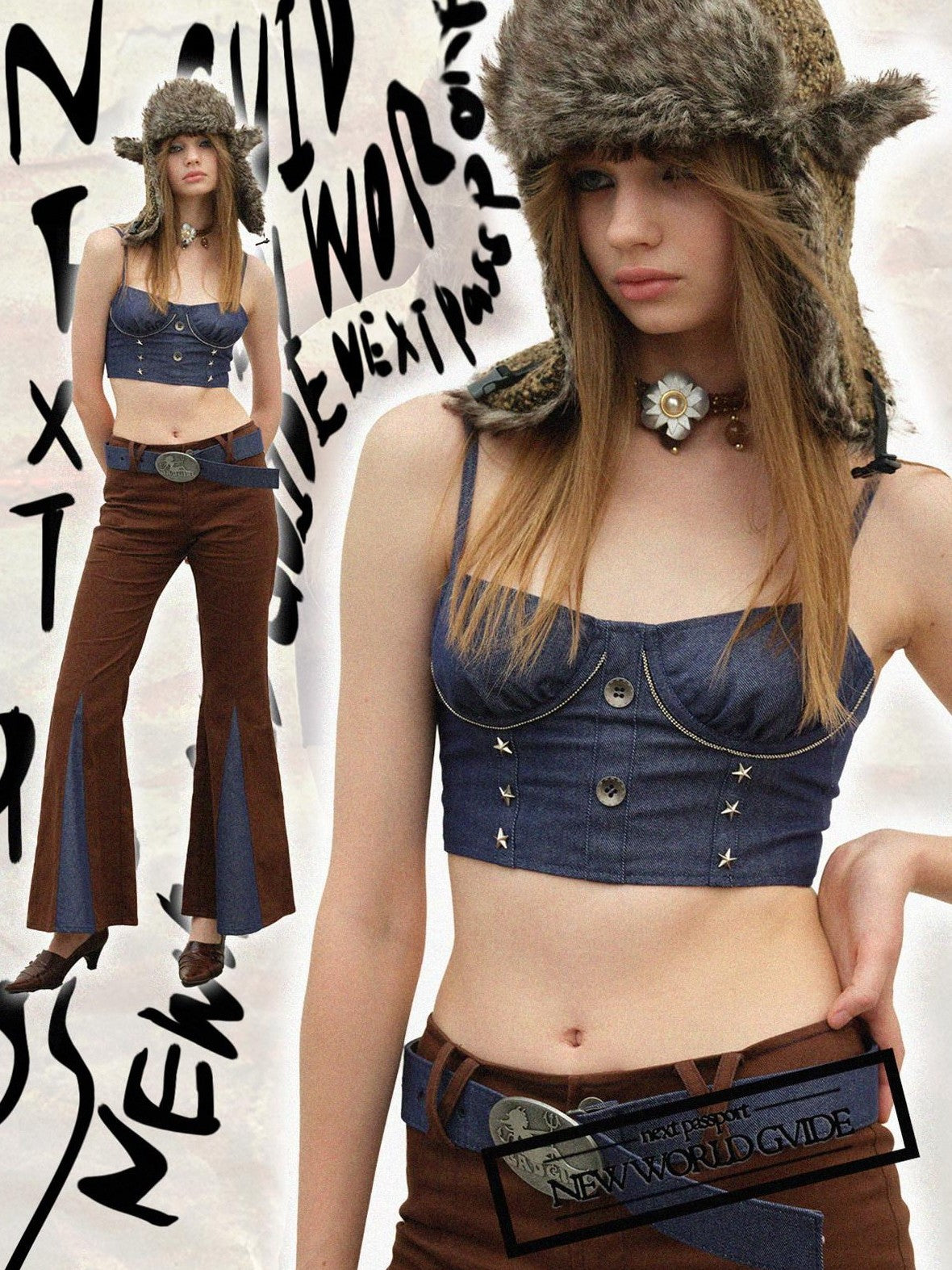 NextPassport MOF Denim Studded Ruched Back Zip Cropped Women's Cotton Blend Camisoles