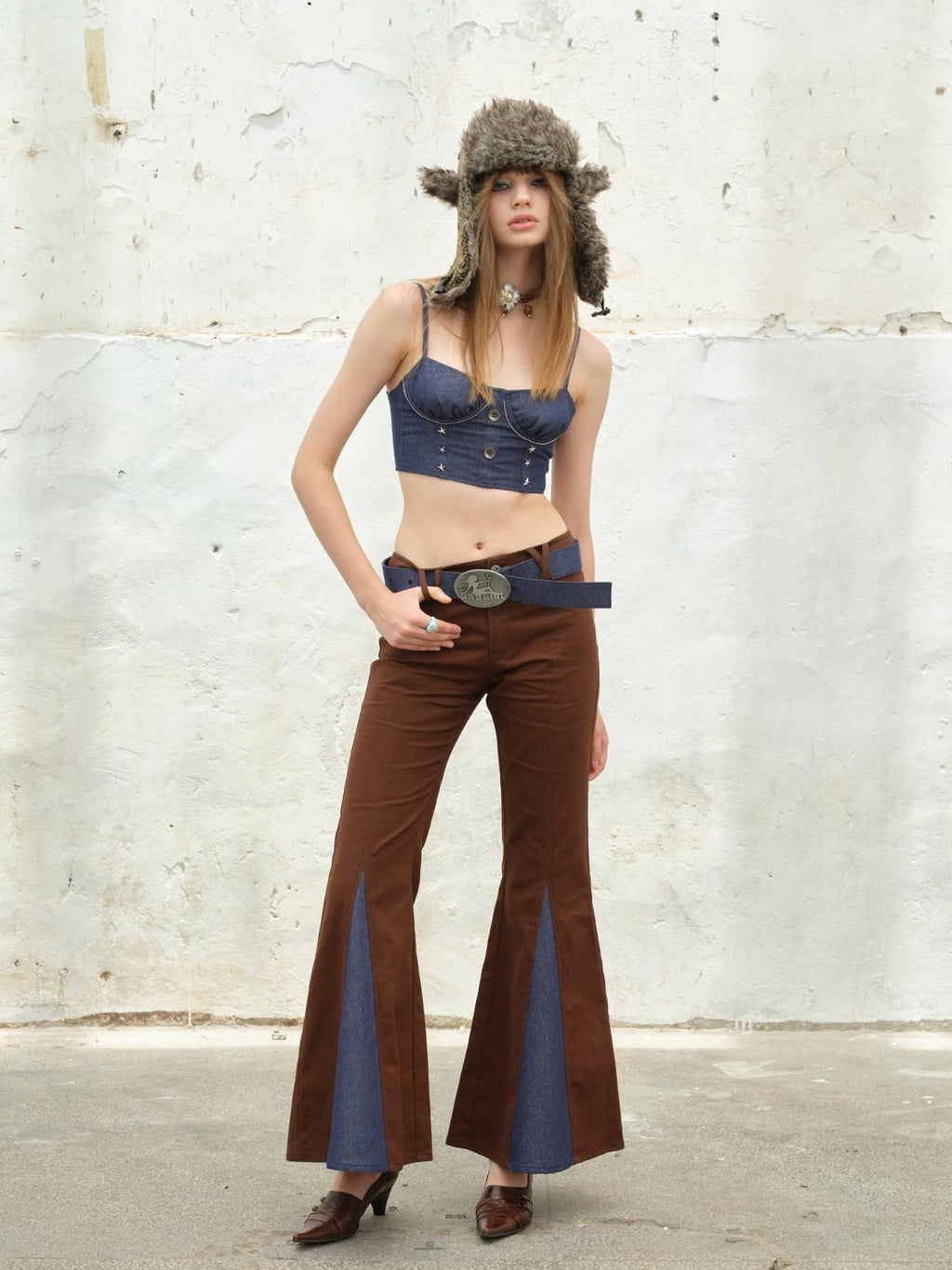 NextPassport MOF Denim Studded Ruched Back Zip Cropped Women's Cotton Blend Camisoles