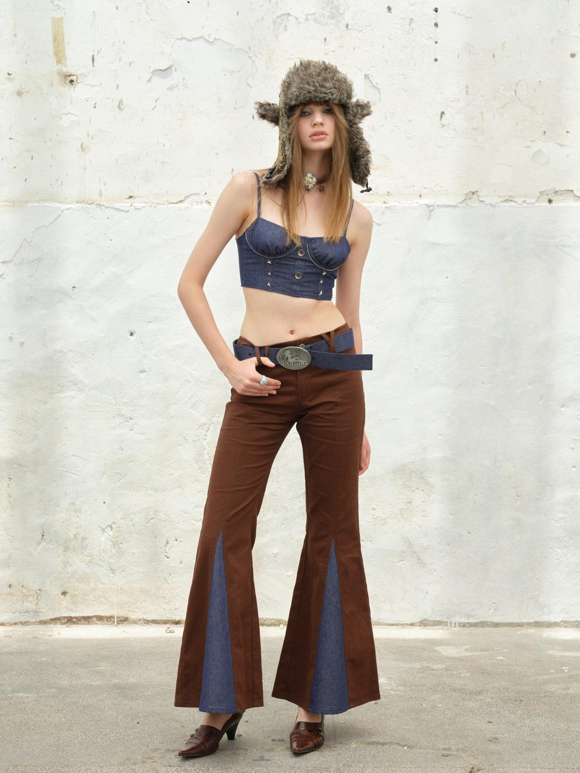 NextPassport MOF Denim Studded Ruched Back Zip Cropped Women's Cotton Blend Camisoles