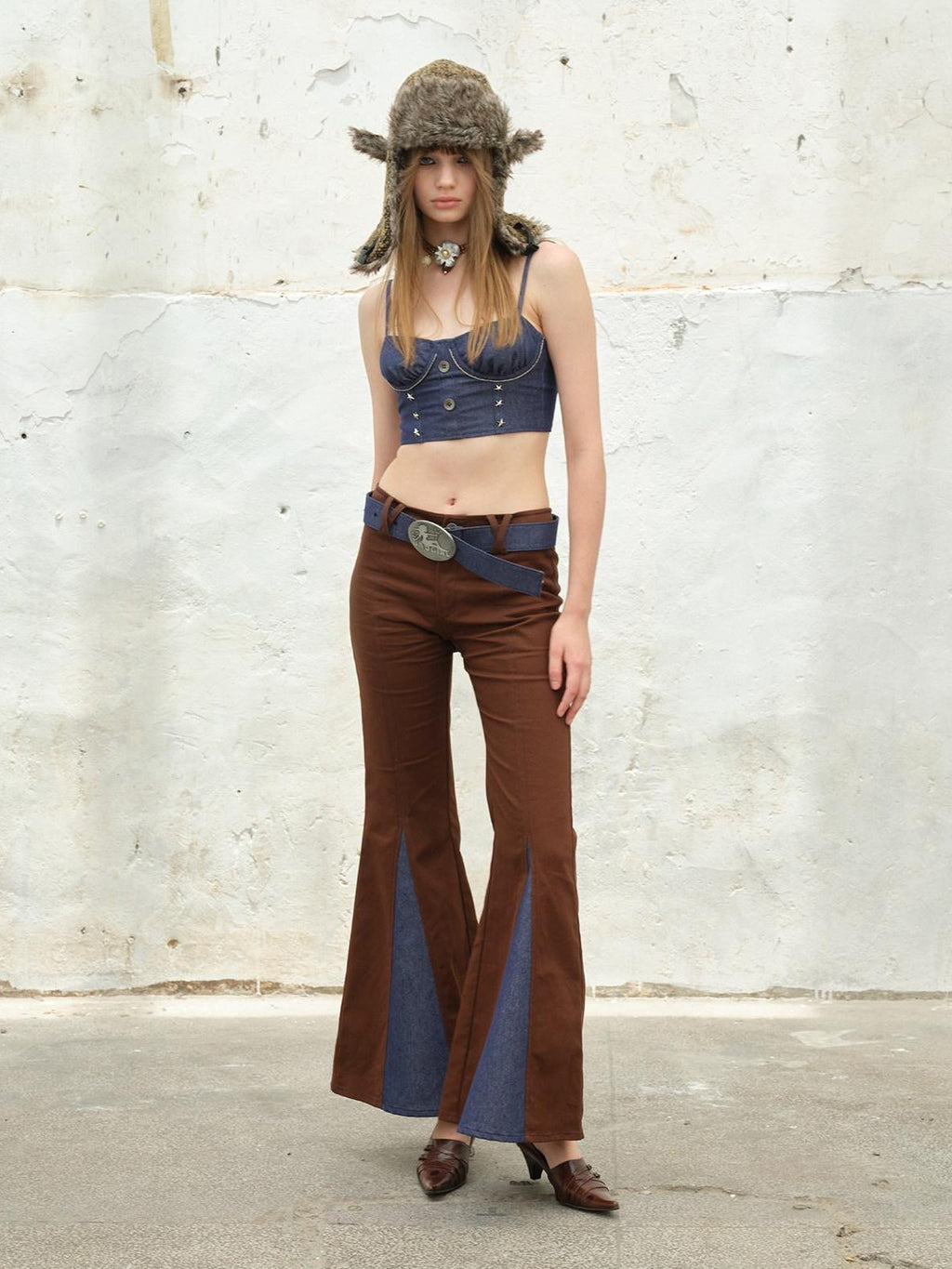 NextPassport MOF Denim Studded Ruched Back Zip Cropped Women's Cotton Blend Camisoles