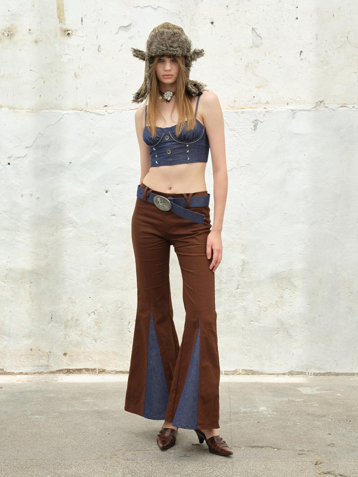 NextPassport MOF Denim Studded Ruched Back Zip Cropped Women's Cotton Blend Camisoles