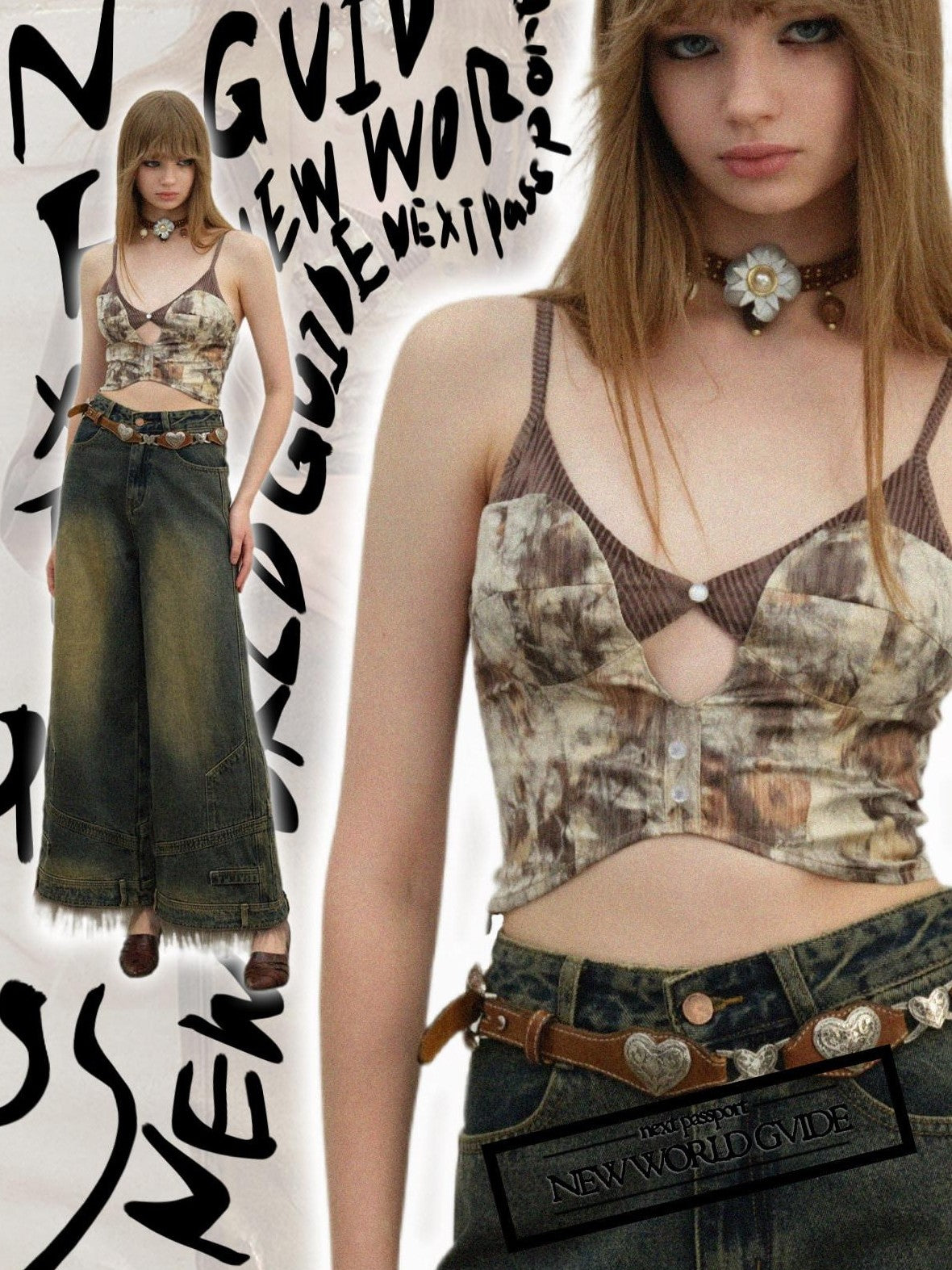 NextPassport MOF Faux Layered Cutout Bark Texture Strap Floral Women's Stretch Mesh Camisoles