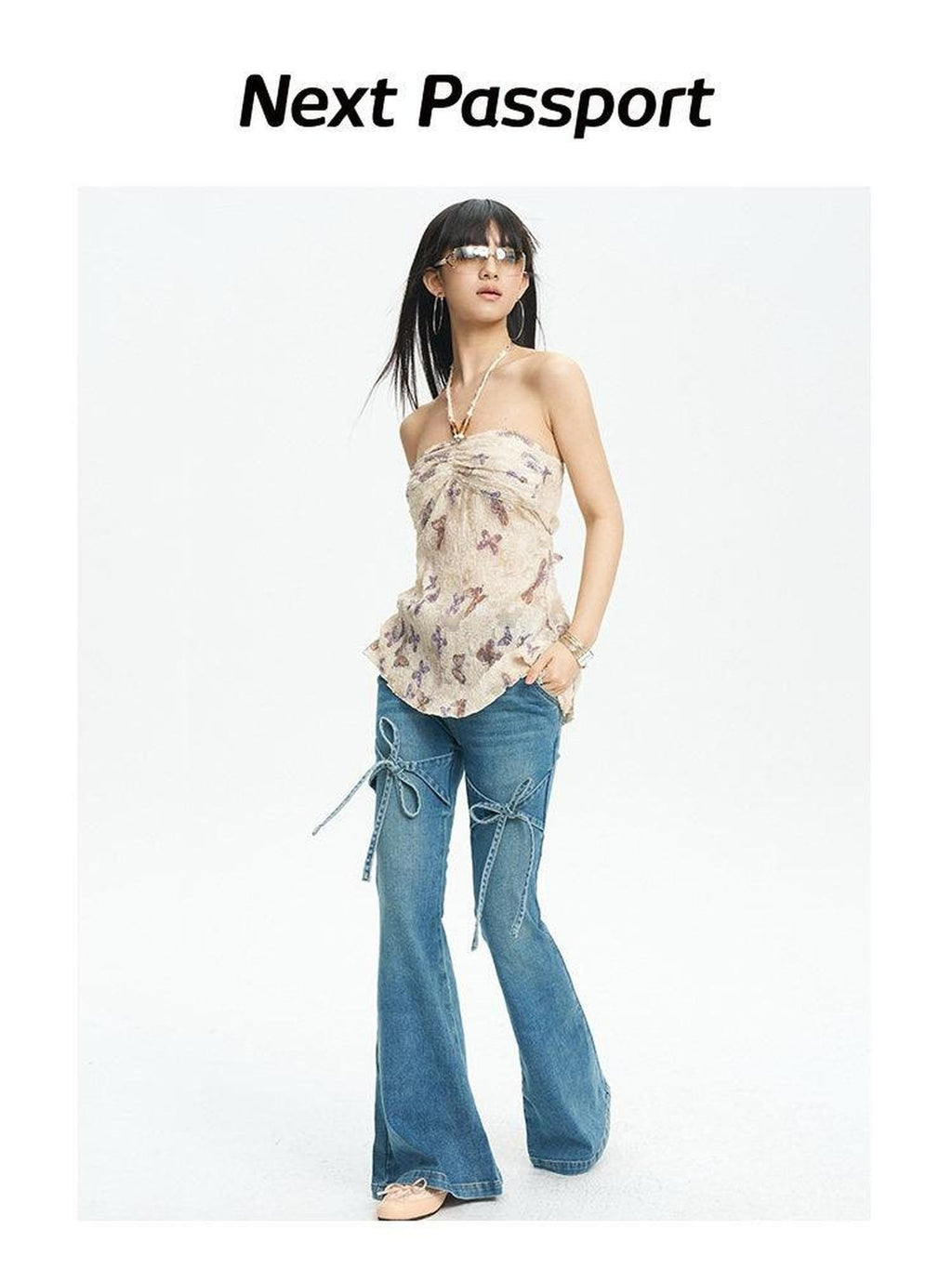 NextPassport MOF French Vintage Bow Loose Slight Stretch Women's Denim Bootcut Jeans