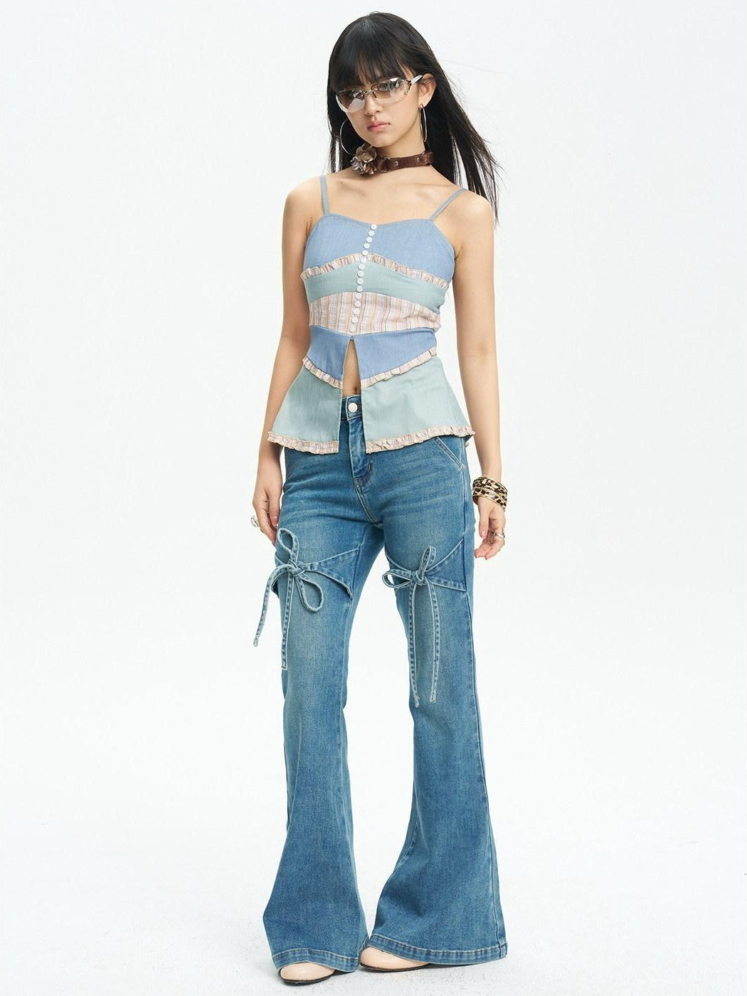 NextPassport MOF French Vintage Bow Loose Slight Stretch Women's Denim Bootcut Jeans