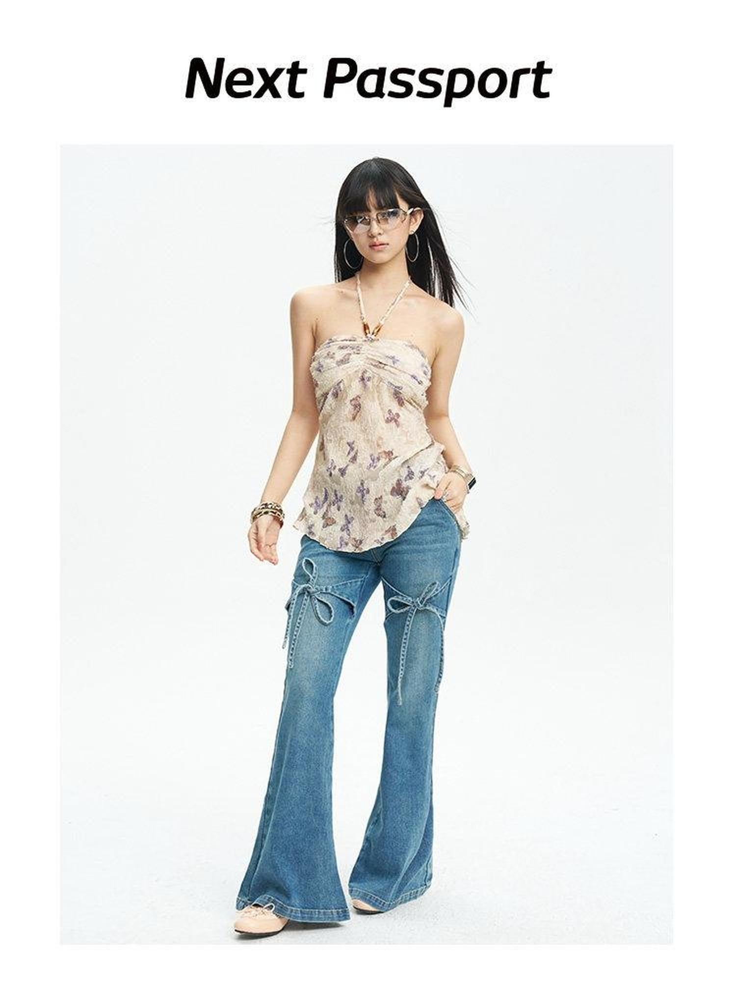 NextPassport MOF French Vintage Bow Loose Slight Stretch Women's Denim Bootcut Jeans
