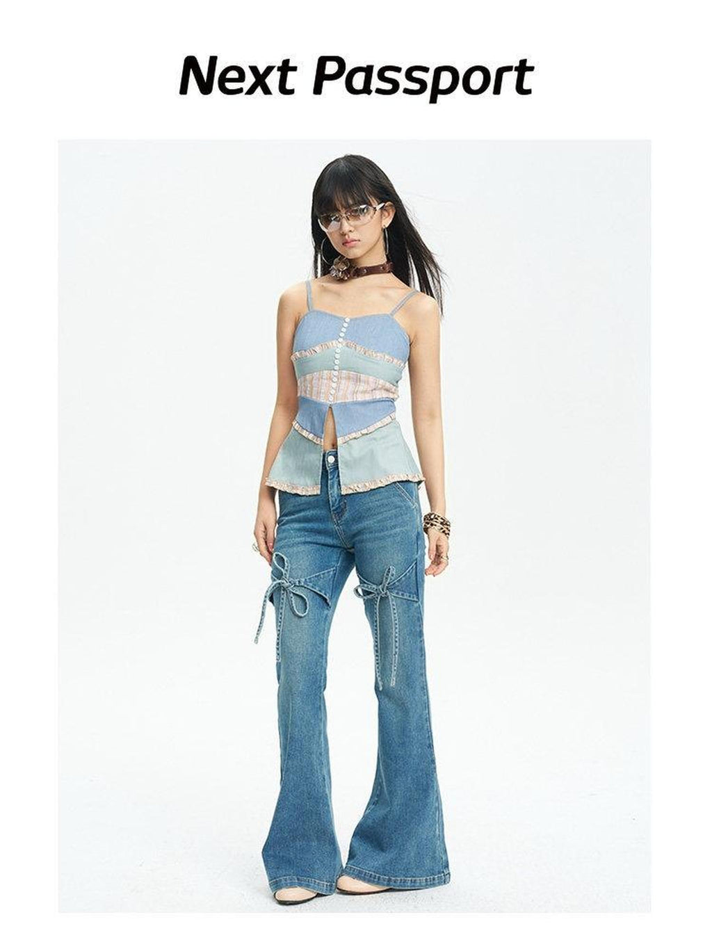 NextPassport MOF French Vintage Bow Loose Slight Stretch Women's Denim Bootcut Jeans