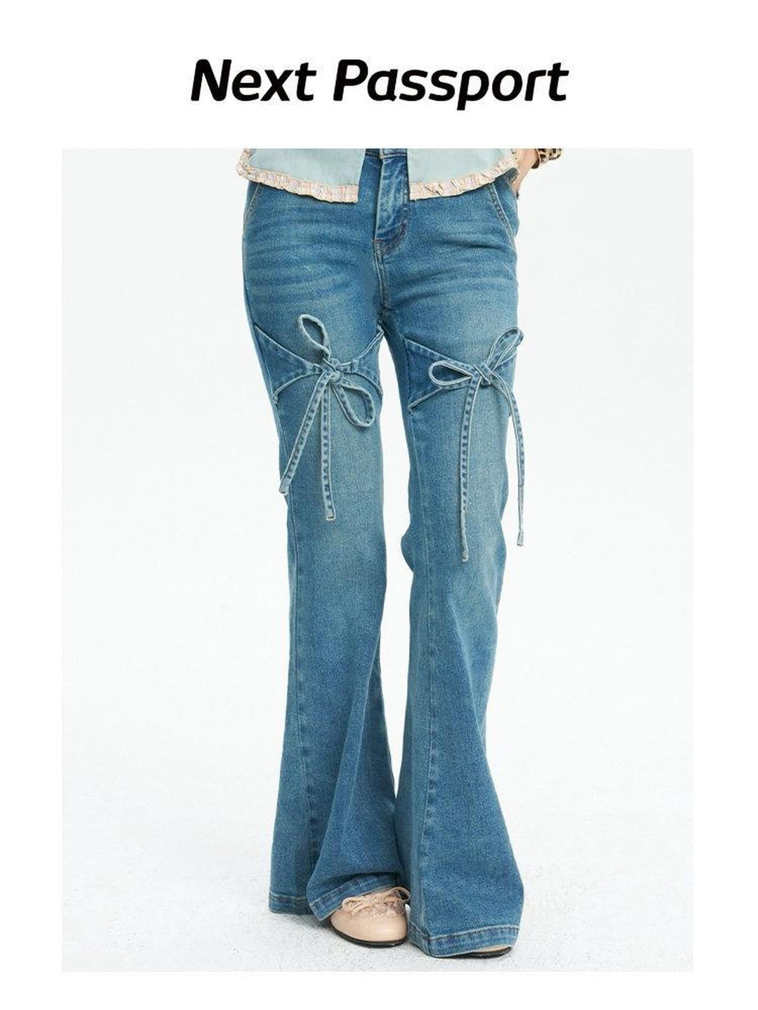 NextPassport MOF French Vintage Bow Loose Slight Stretch Women's Denim Bootcut Jeans