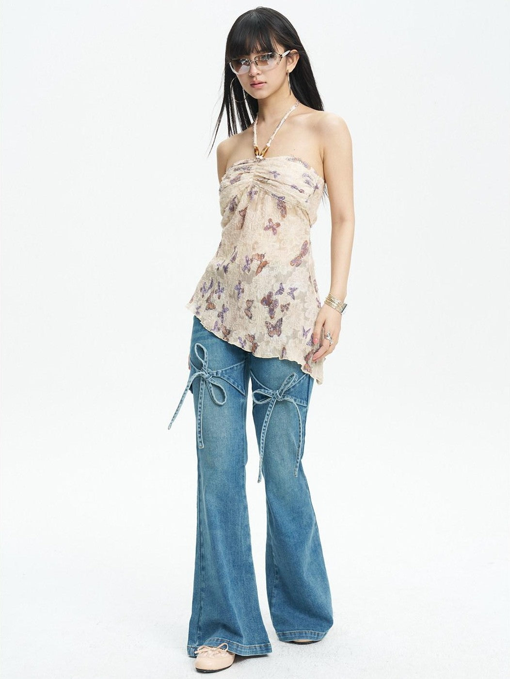 NextPassport MOF French Vintage Bow Loose Slight Stretch Women's Denim Bootcut Jeans