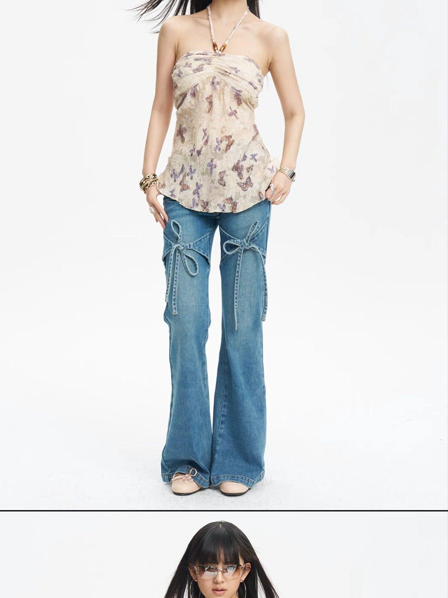 NextPassport MOF French Vintage Bow Loose Slight Stretch Women's Denim Bootcut Jeans