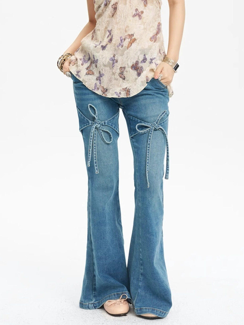 NextPassport MOF French Vintage Bow Loose Slight Stretch Women's Denim Bootcut Jeans