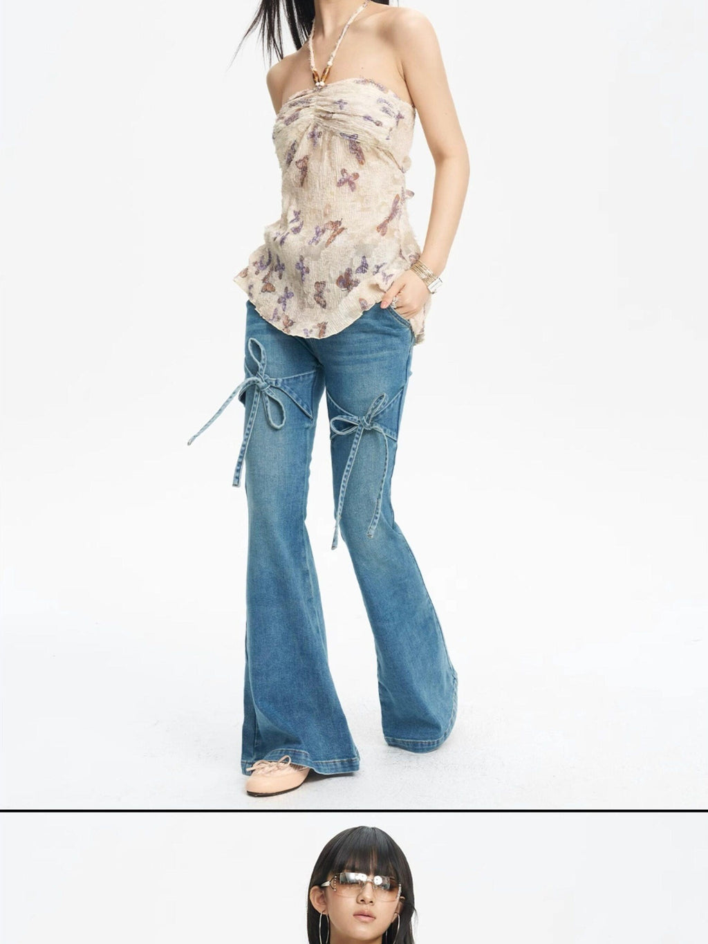 NextPassport MOF French Vintage Bow Loose Slight Stretch Women's Denim Bootcut Jeans