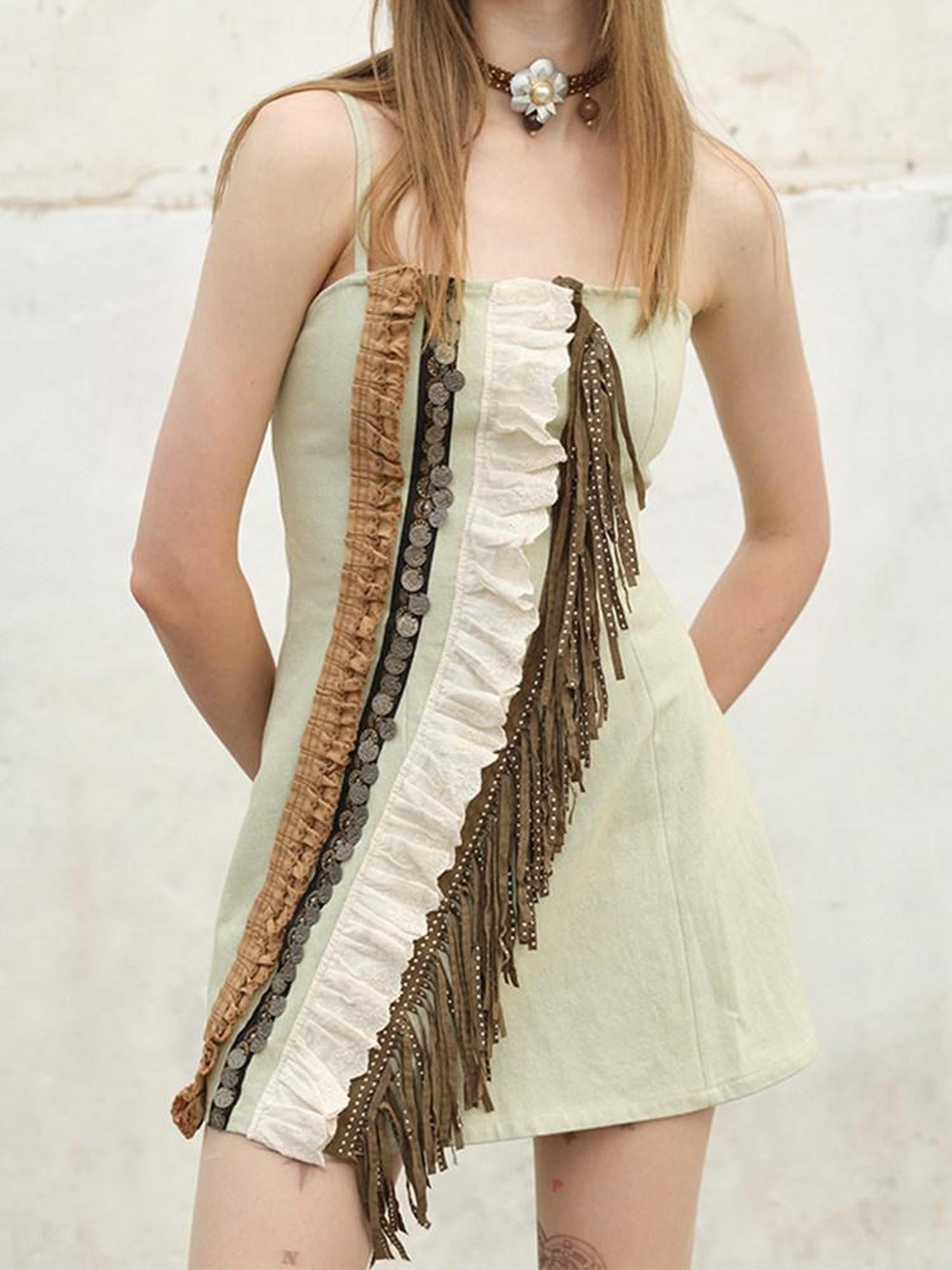 NextPassport MOF Fringe Spaghetti Strap Back Cinched A Line High Waist Women's Slip Mini Dresses