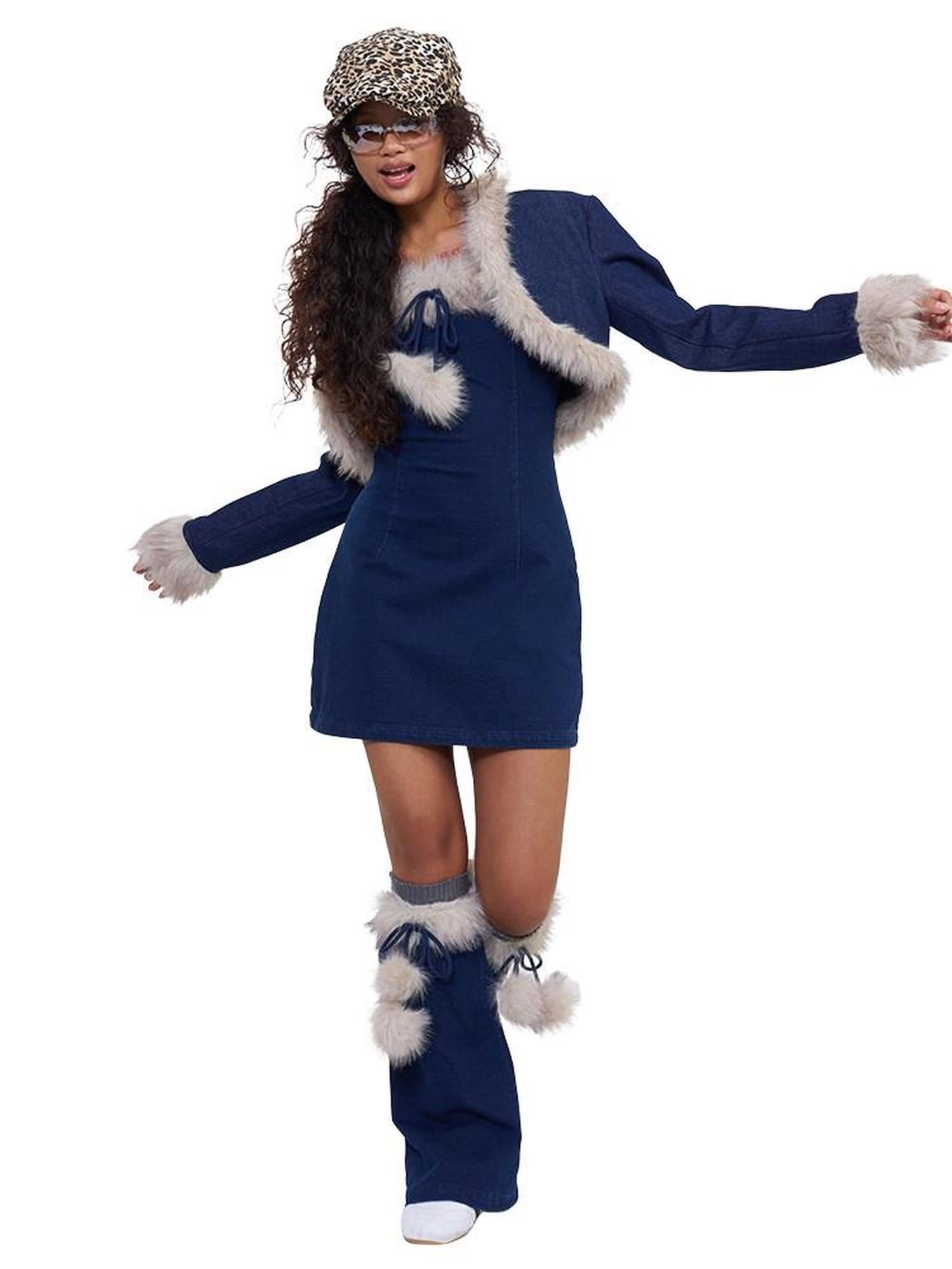 NextPassport MOF Fuzzy Knitted Denim Strappy Leg Warmers Women's Slip Mini Dresses