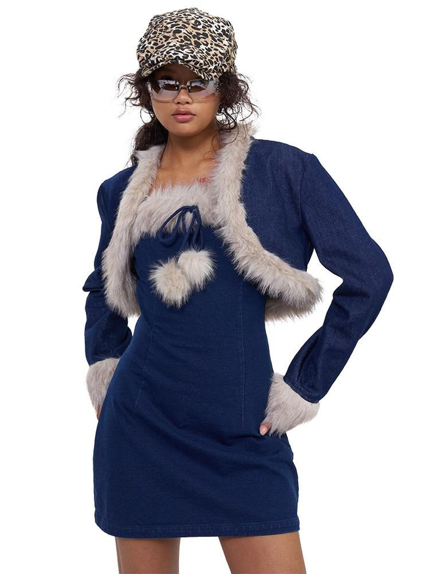 NextPassport MOF Fuzzy Knitted Denim Strappy Leg Warmers Women's Slip Mini Dresses