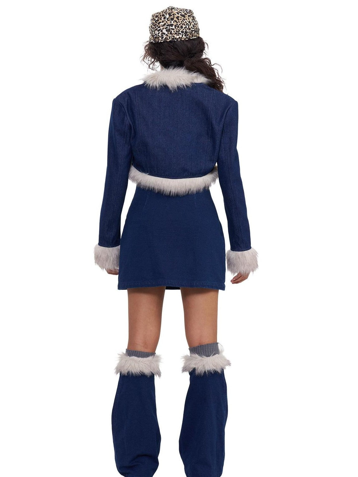 NextPassport MOF Fuzzy Knitted Denim Strappy Leg Warmers Women's Slip Mini Dresses