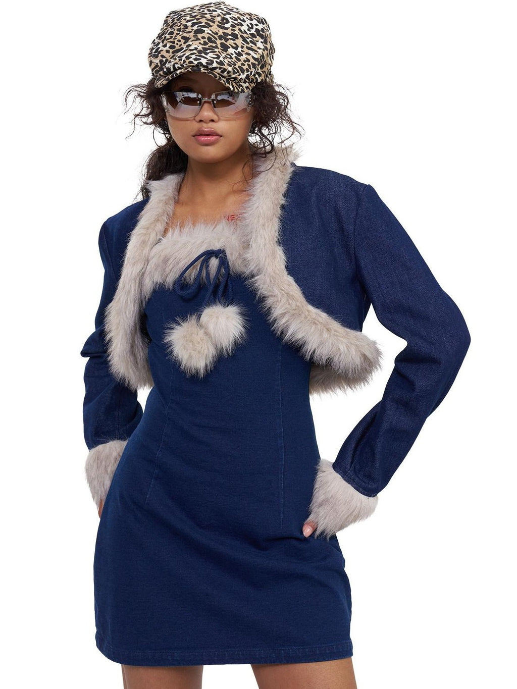 NextPassport MOF Fuzzy Knitted Denim Strappy Leg Warmers Women's Slip Mini Dresses
